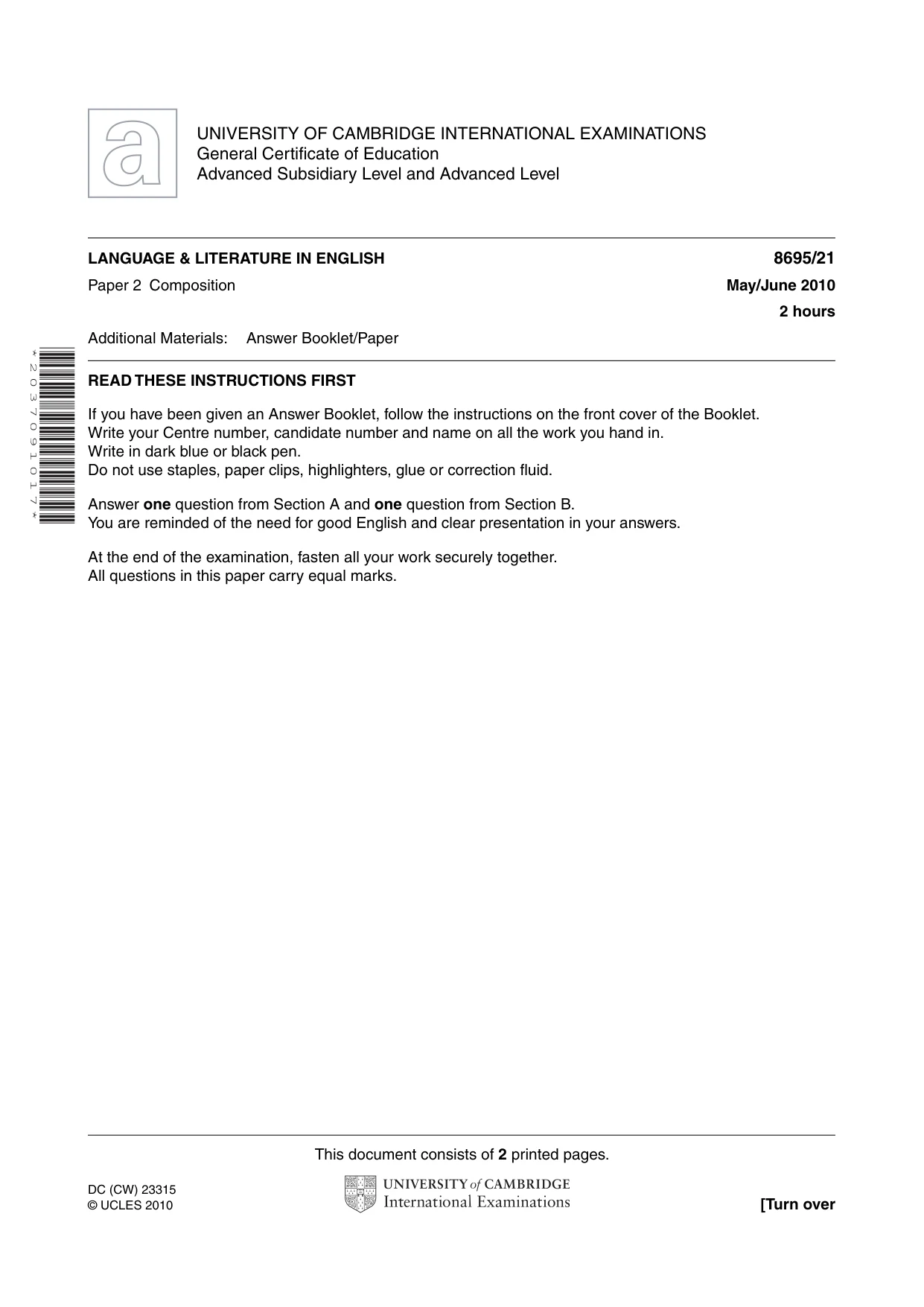 Cambridge A Level English - Language and Literature (AS Level only, from 2016) 8695 2010 May/June Paper 2 · Variant 1 question paper, page 1 of 2