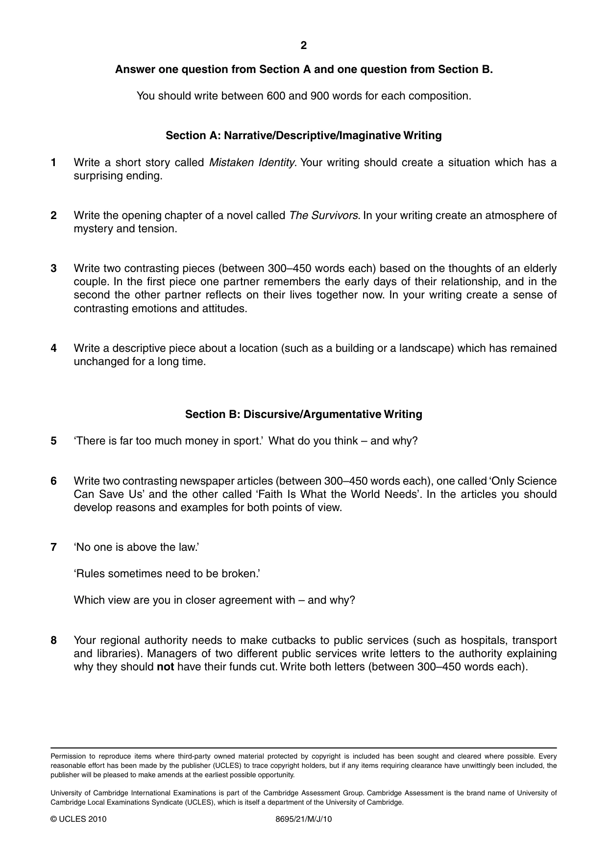 Cambridge A Level English - Language and Literature (AS Level only, from 2016) 8695 2010 May/June Paper 2 · Variant 1 question paper, page 2 of 2