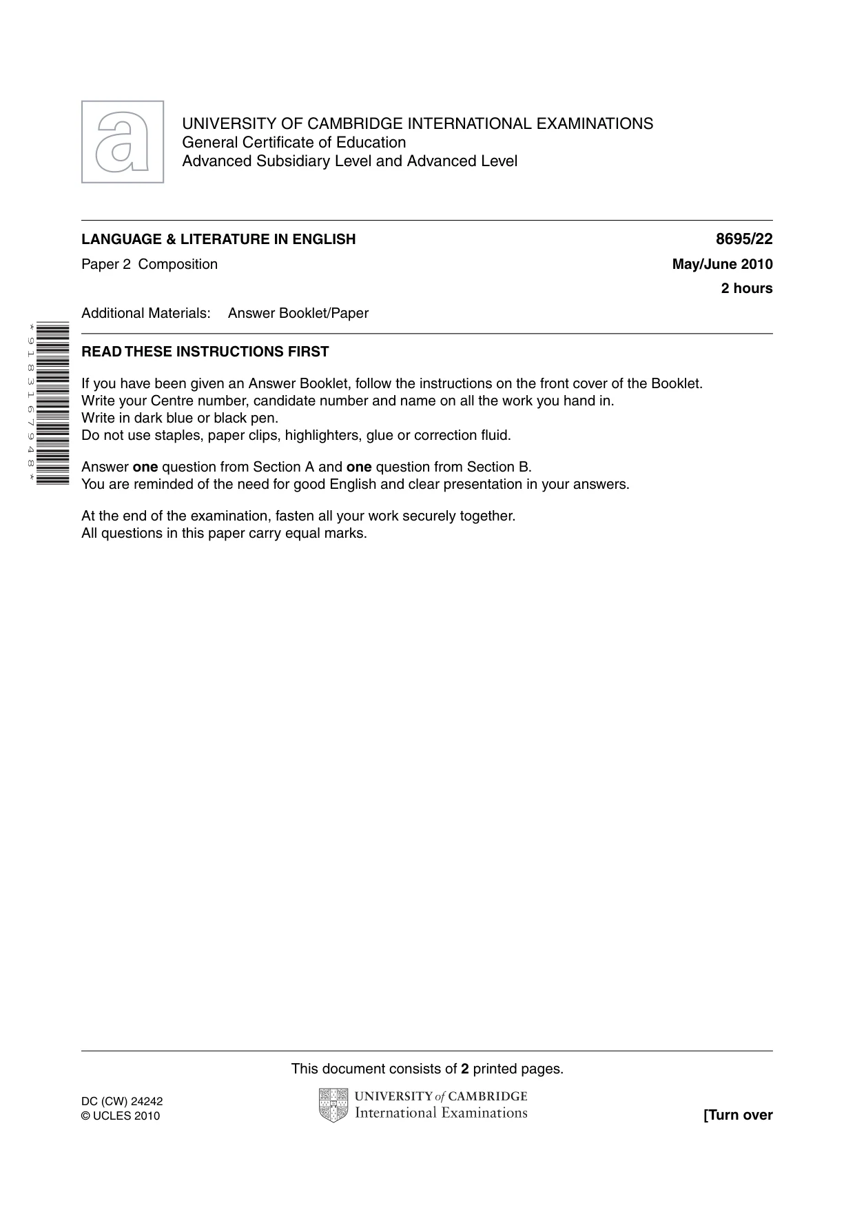 Cambridge A Level English - Language and Literature (AS Level only, from 2016) 8695 2010 May/June Paper 2 · Variant 2 question paper, page 1 of 2