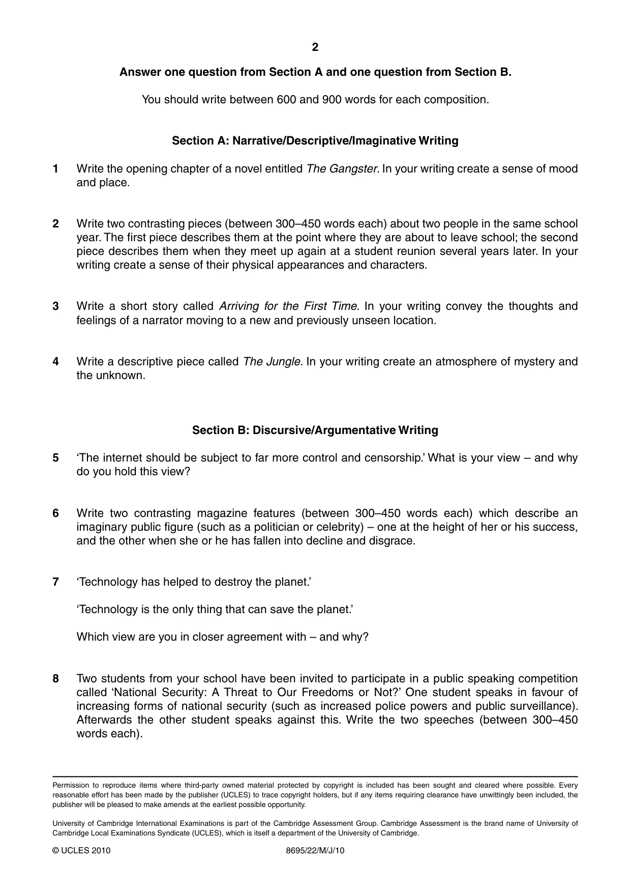 Cambridge A Level English - Language and Literature (AS Level only, from 2016) 8695 2010 May/June Paper 2 · Variant 2 question paper, page 2 of 2