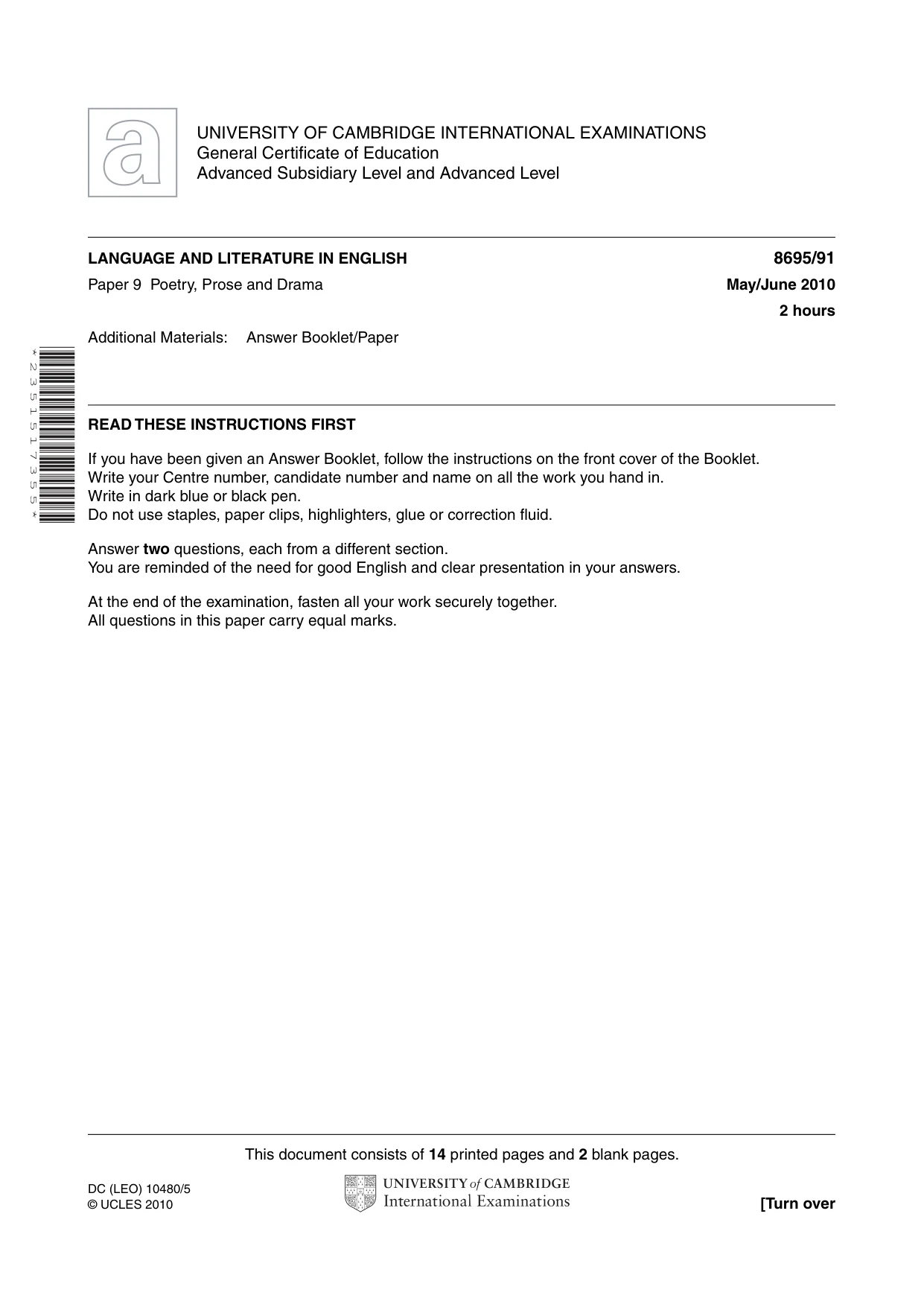 Cambridge A Level English - Language and Literature (AS Level only, from 2016) 8695 2010 May/June Paper 9 · Variant 1 question paper, page 1 of 16