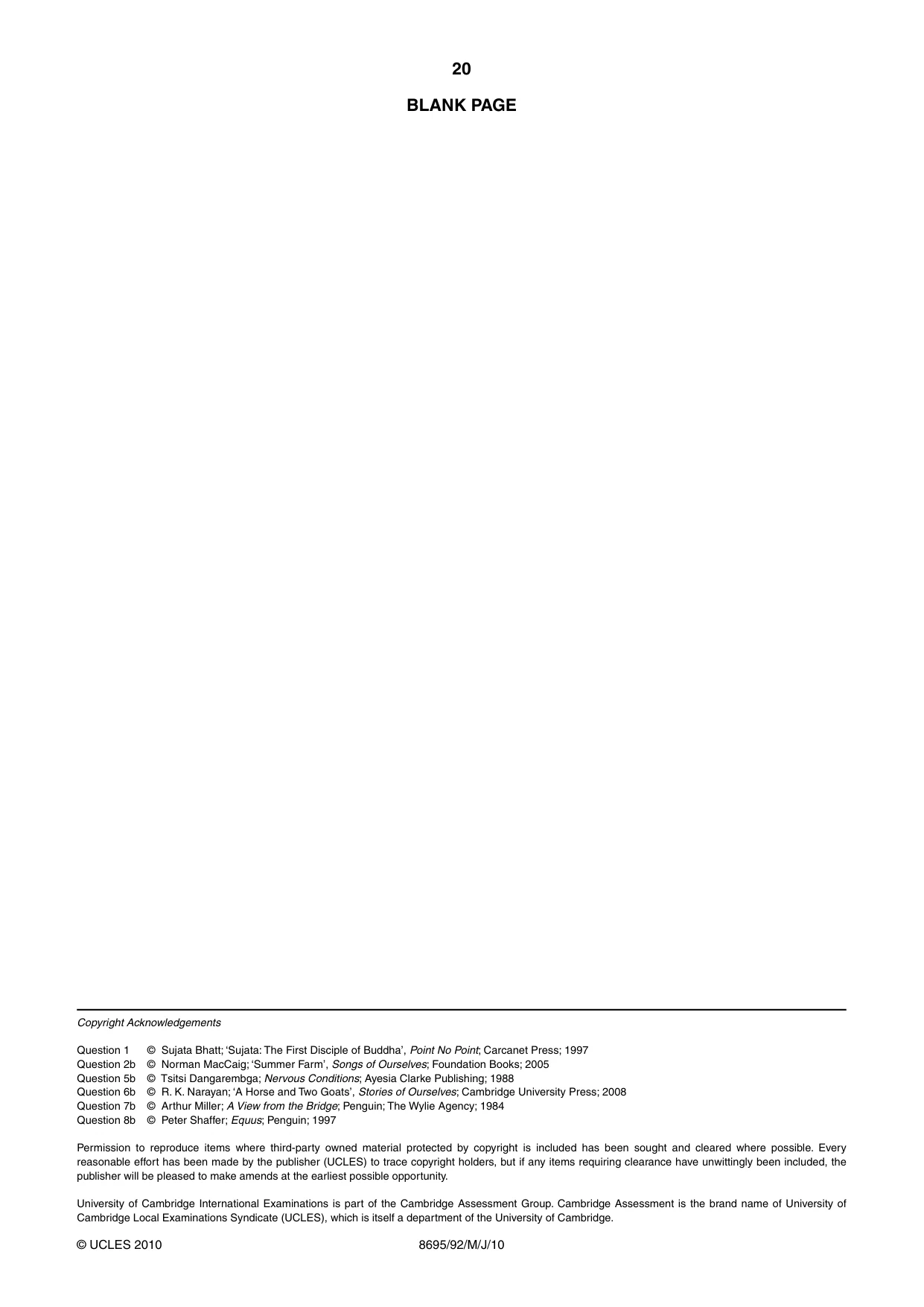 Cambridge A Level English - Language and Literature (AS Level only, from 2016) 8695 2010 May/June Paper 9 · Variant 2 question paper, page 20 of 20