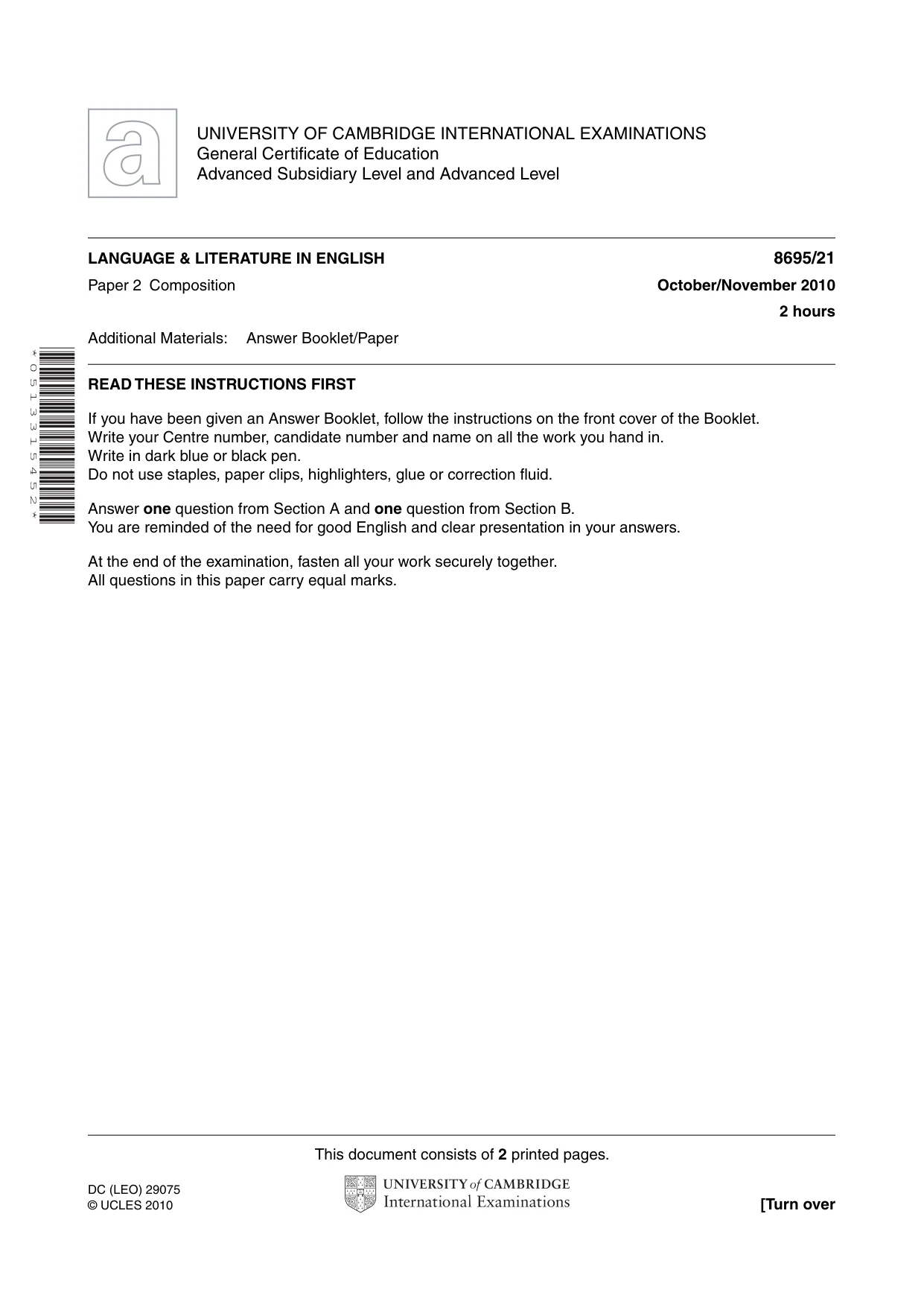 Cambridge A Level English - Language and Literature (AS Level only, from 2016) 8695 2010 Oct/Nov Paper 2 · Variant 1 question paper, page 1 of 2