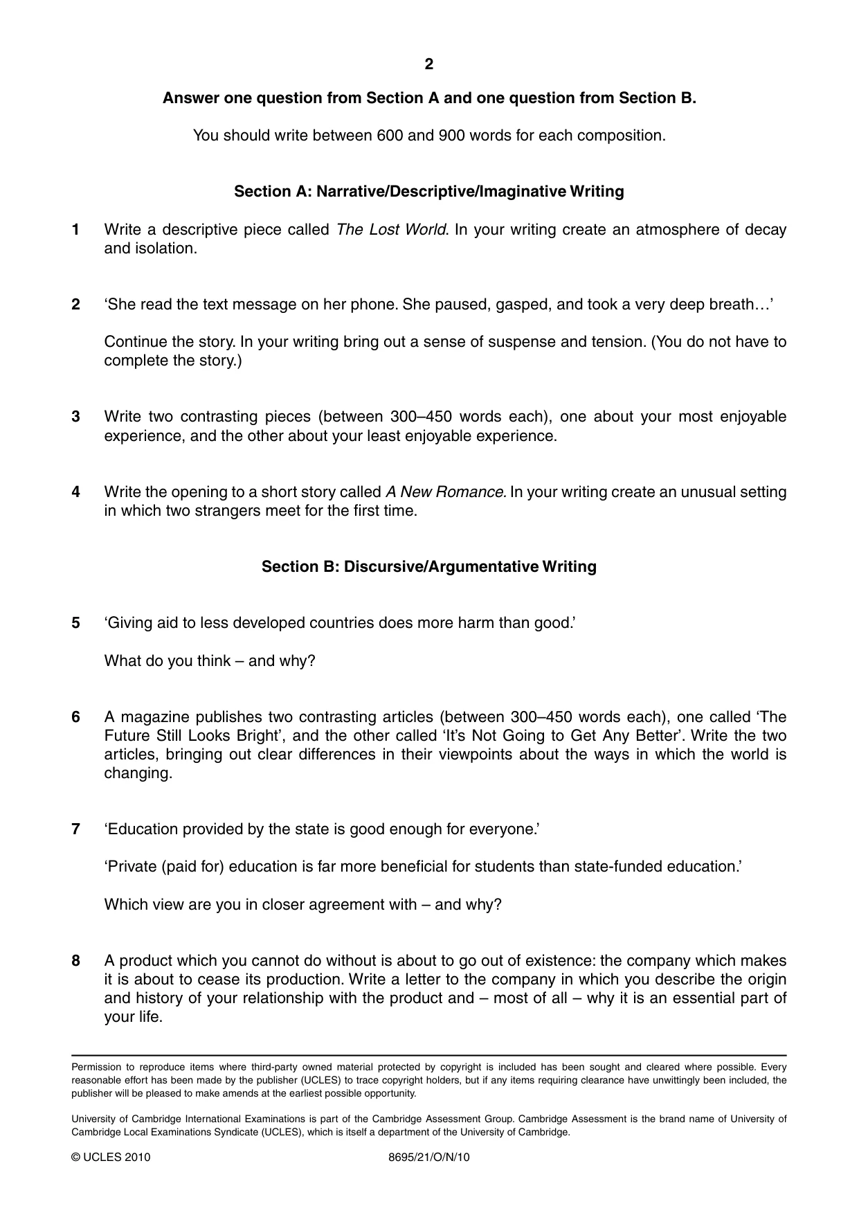 Cambridge A Level English - Language and Literature (AS Level only, from 2016) 8695 2010 Oct/Nov Paper 2 · Variant 1 question paper, page 2 of 2