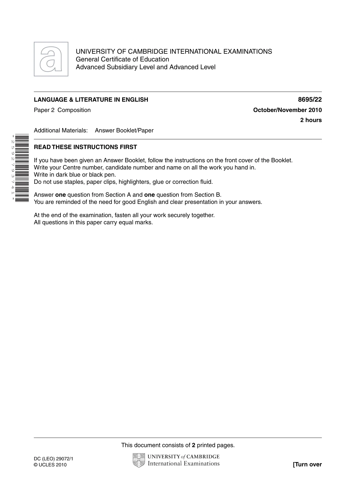 Cambridge A Level English - Language and Literature (AS Level only, from 2016) 8695 2010 Oct/Nov Paper 2 · Variant 2 question paper, page 1 of 2
