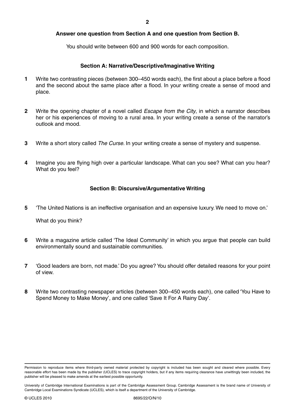Cambridge A Level English - Language and Literature (AS Level only, from 2016) 8695 2010 Oct/Nov Paper 2 · Variant 2 question paper, page 2 of 2