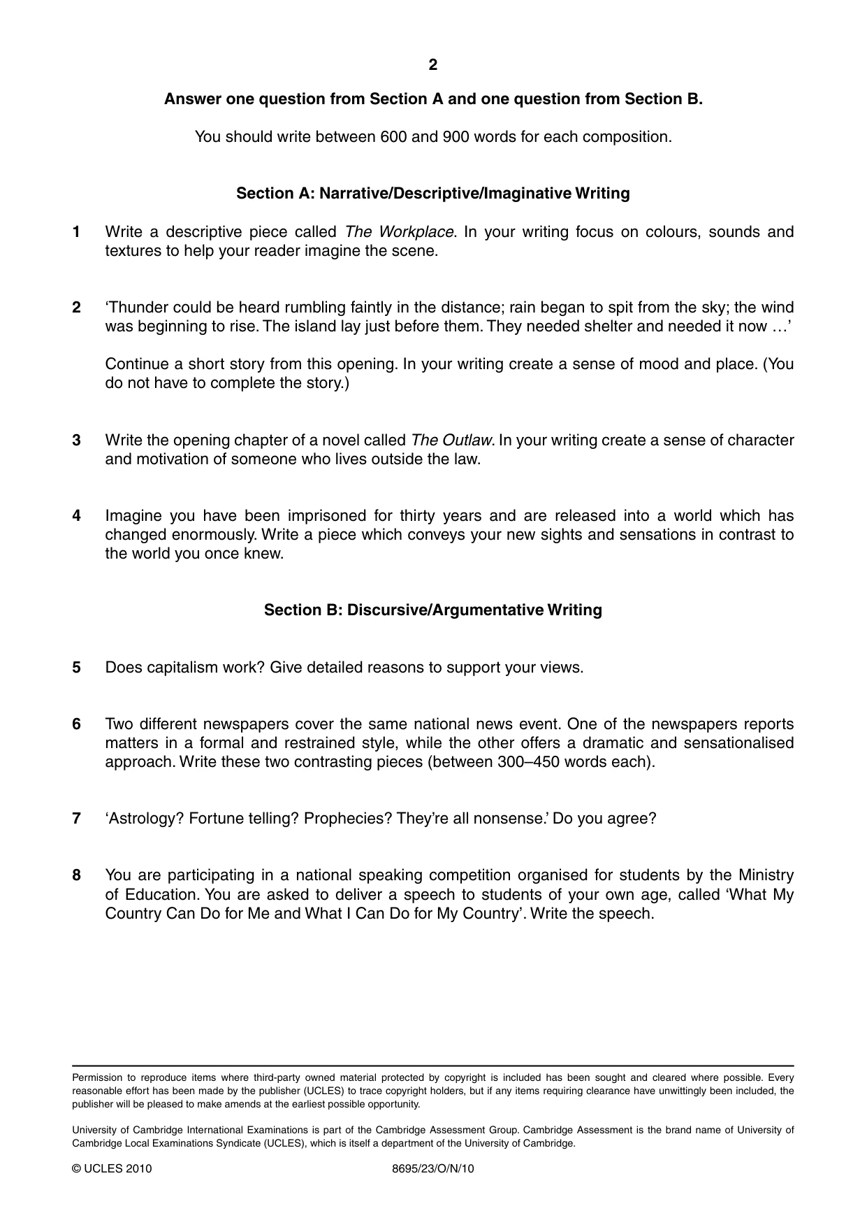 Cambridge A Level English - Language and Literature (AS Level only, from 2016) 8695 2010 Oct/Nov Paper 2 · Variant 3 question paper, page 2 of 2