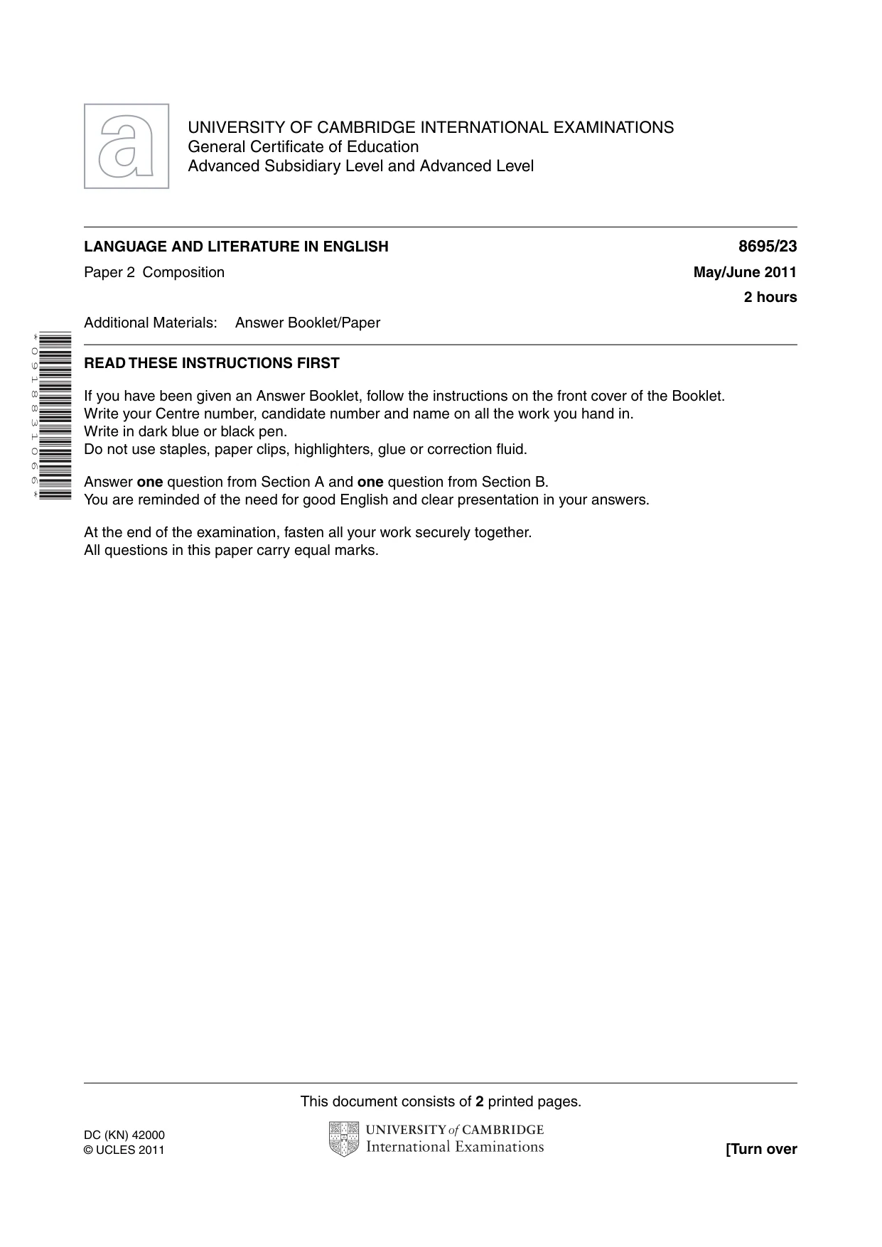 Cambridge A Level English - Language and Literature (AS Level only, from 2016) 8695 2011 May/June Paper 2 · Variant 3 question paper, page 1 of 2