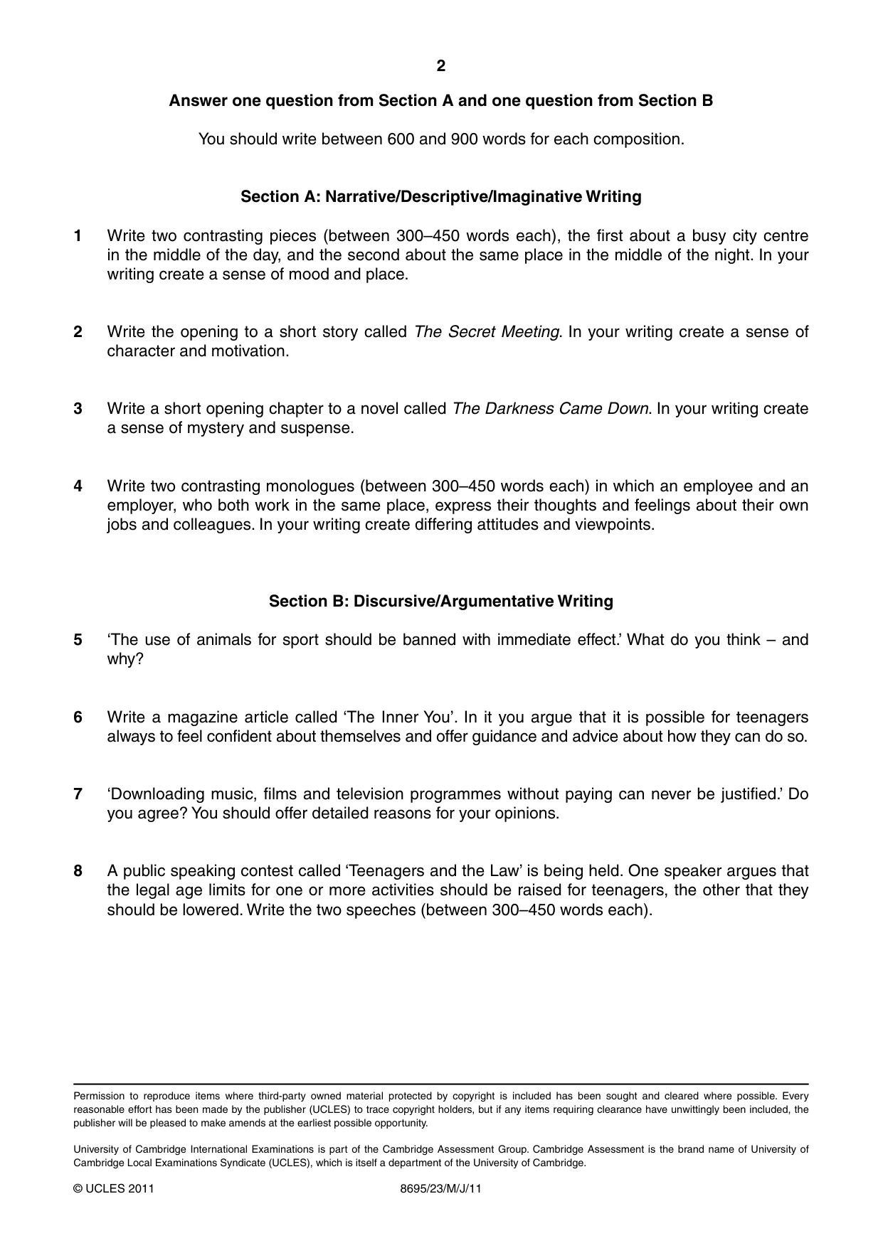 Cambridge A Level English - Language and Literature (AS Level only, from 2016) 8695 2011 May/June Paper 2 · Variant 3 question paper, page 2 of 2