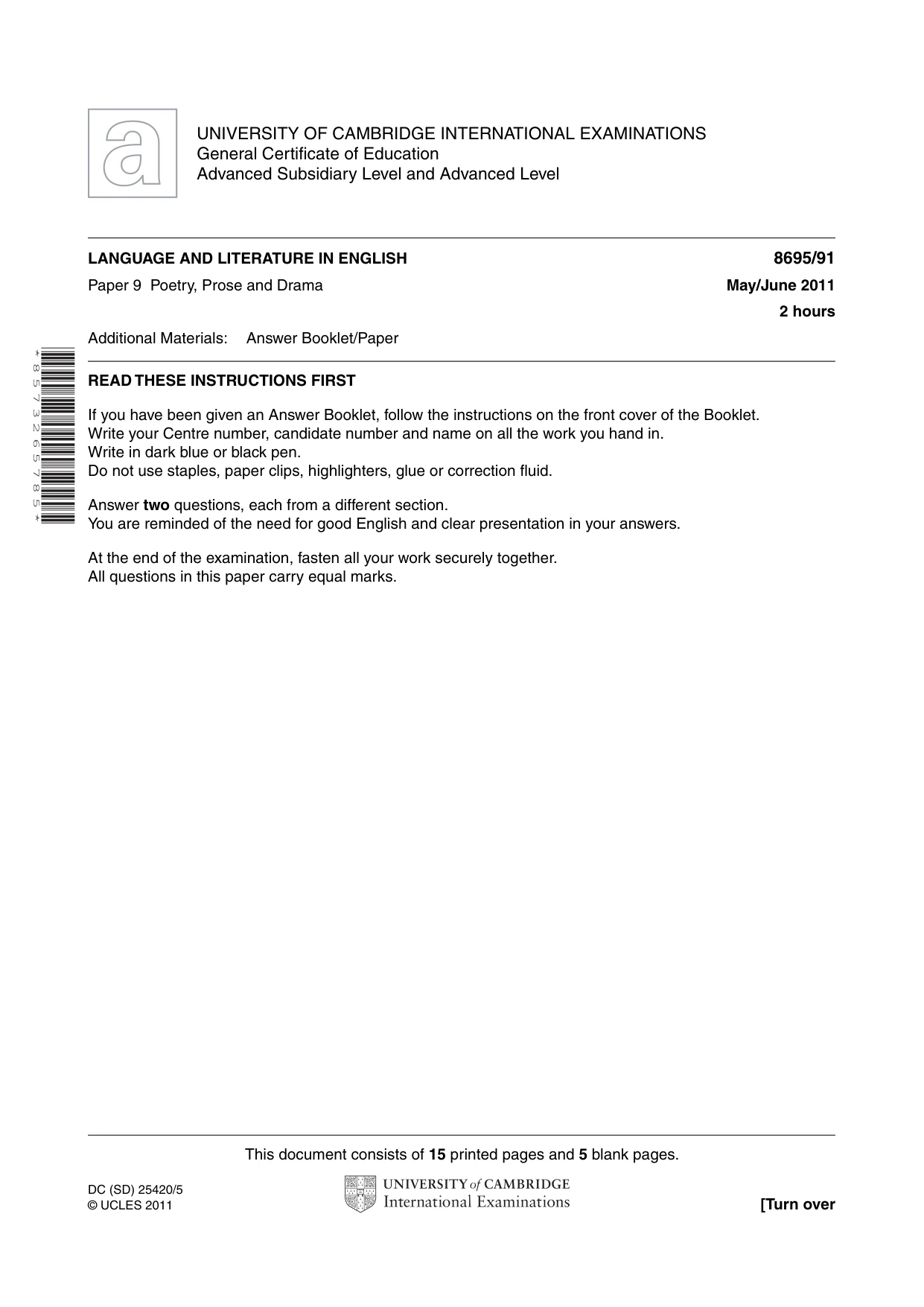 Cambridge A Level English - Language and Literature (AS Level only, from 2016) 8695 2011 May/June Paper 9 · Variant 1 question paper, page 1 of 20