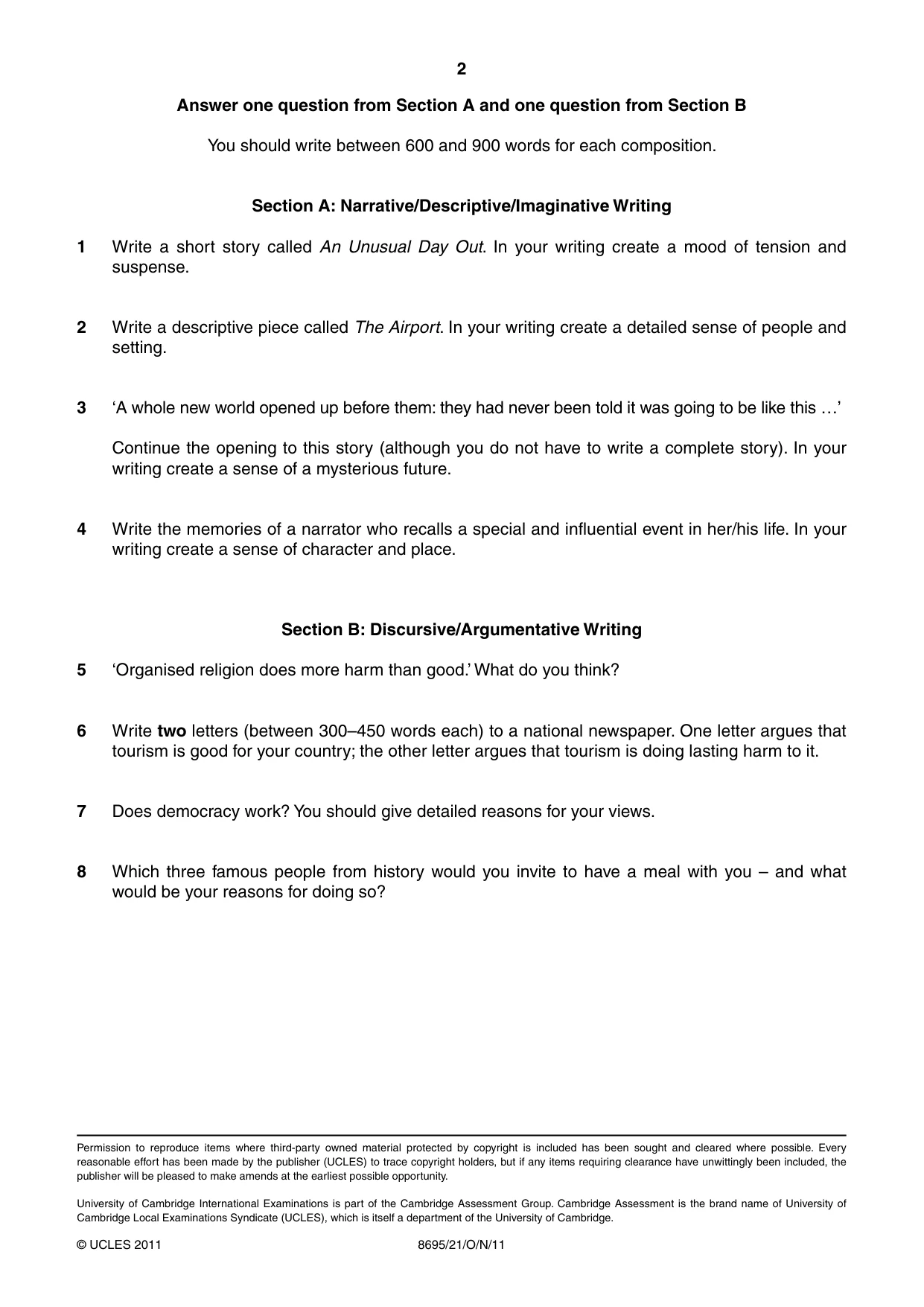 Cambridge A Level English - Language and Literature (AS Level only, from 2016) 8695 2011 Oct/Nov Paper 2 · Variant 1 question paper, page 2 of 2