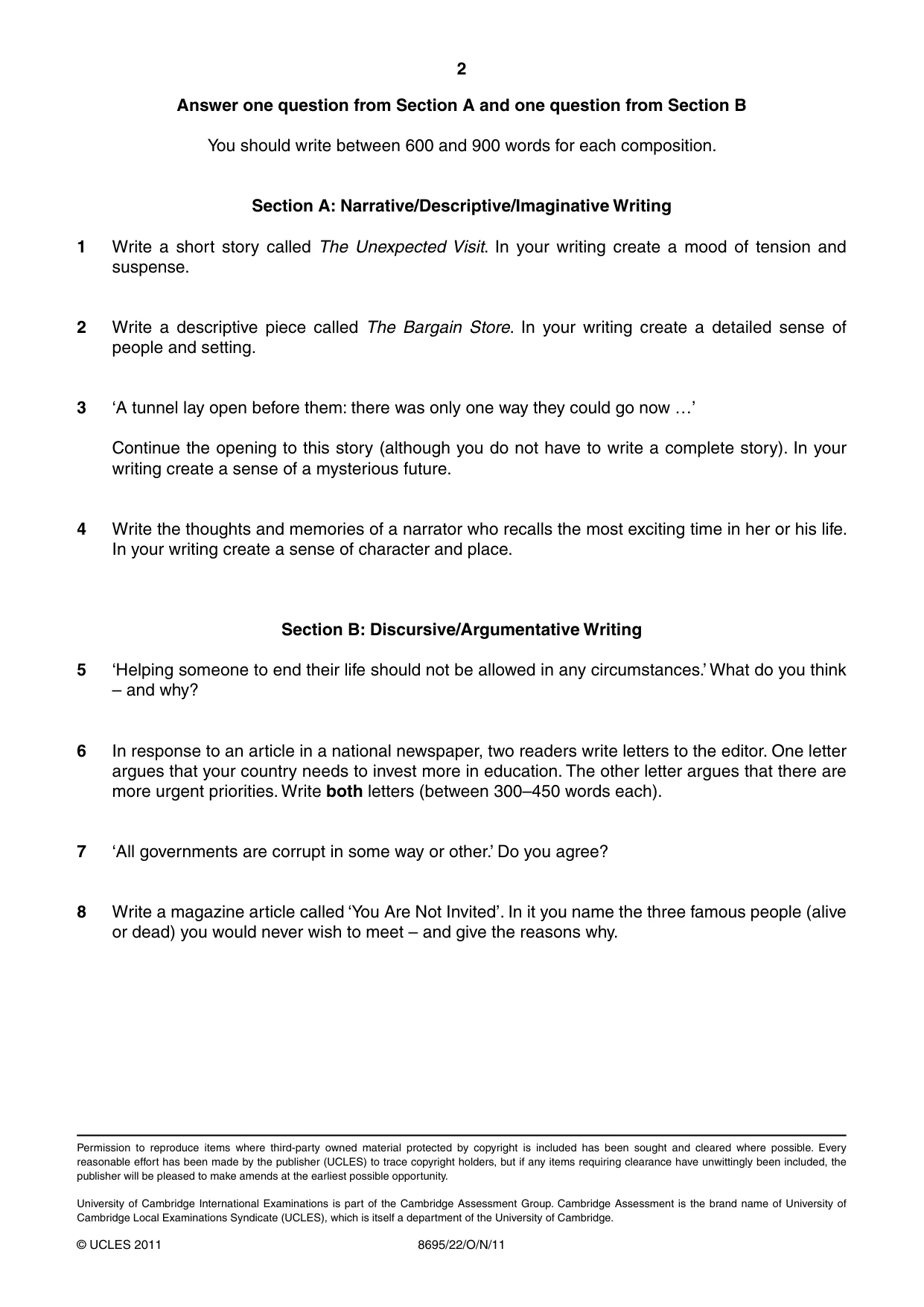 Cambridge A Level English - Language and Literature (AS Level only, from 2016) 8695 2011 Oct/Nov Paper 2 · Variant 2 question paper, page 2 of 2