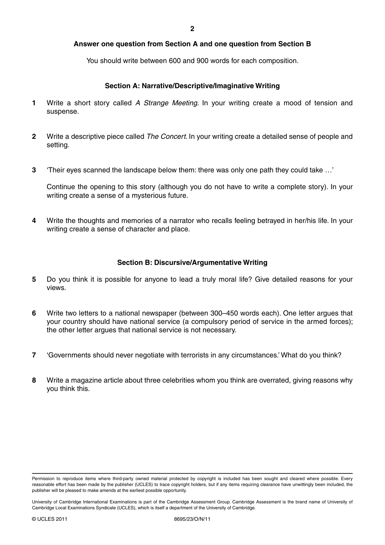 Cambridge A Level English - Language and Literature (AS Level only, from 2016) 8695 2011 Oct/Nov Paper 2 · Variant 3 question paper, page 2 of 2