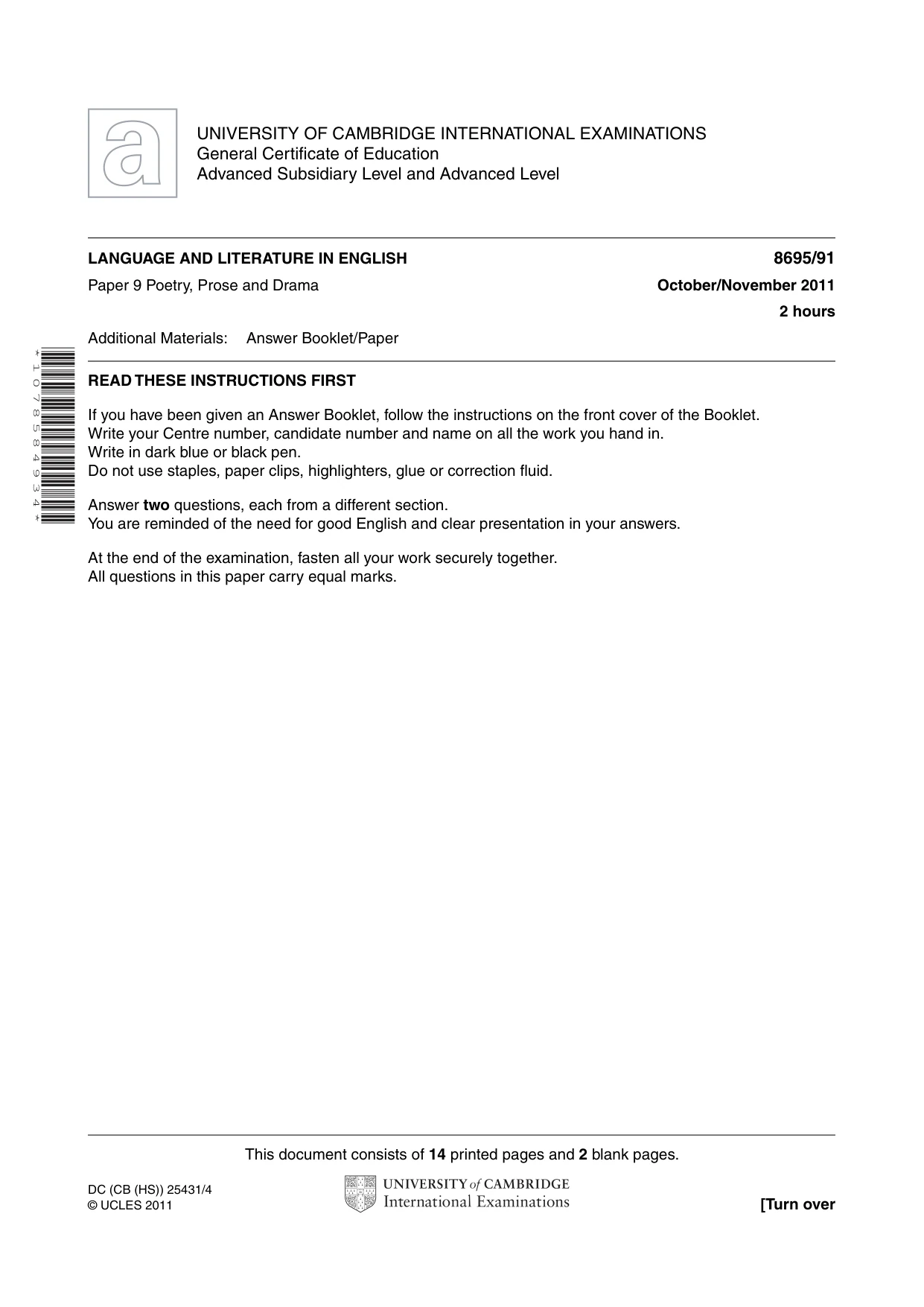 Cambridge A Level English - Language and Literature (AS Level only, from 2016) 8695 2011 Oct/Nov Paper 9 · Variant 1 question paper, page 1 of 15