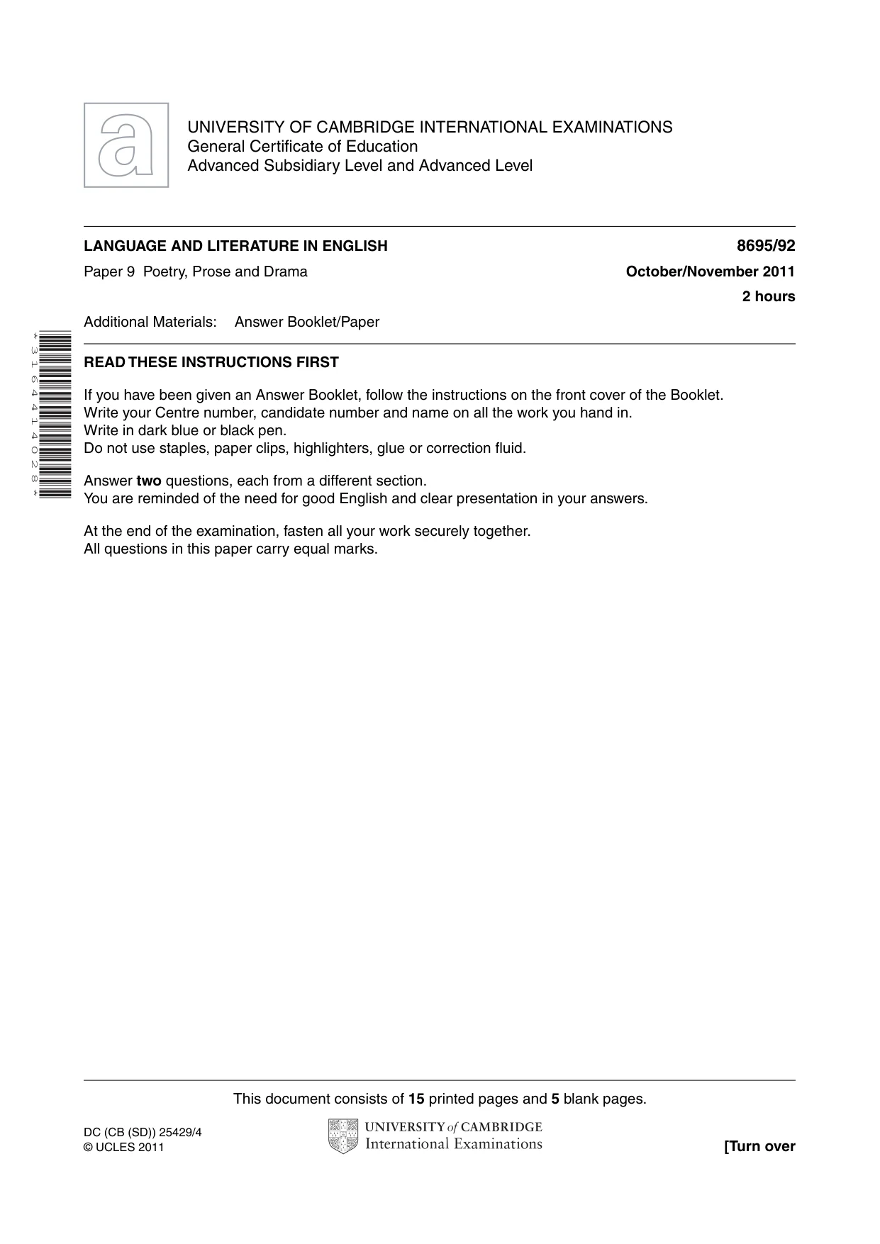 Cambridge A Level English - Language and Literature (AS Level only, from 2016) 8695 2011 Oct/Nov Paper 9 · Variant 2 question paper, page 1 of 17