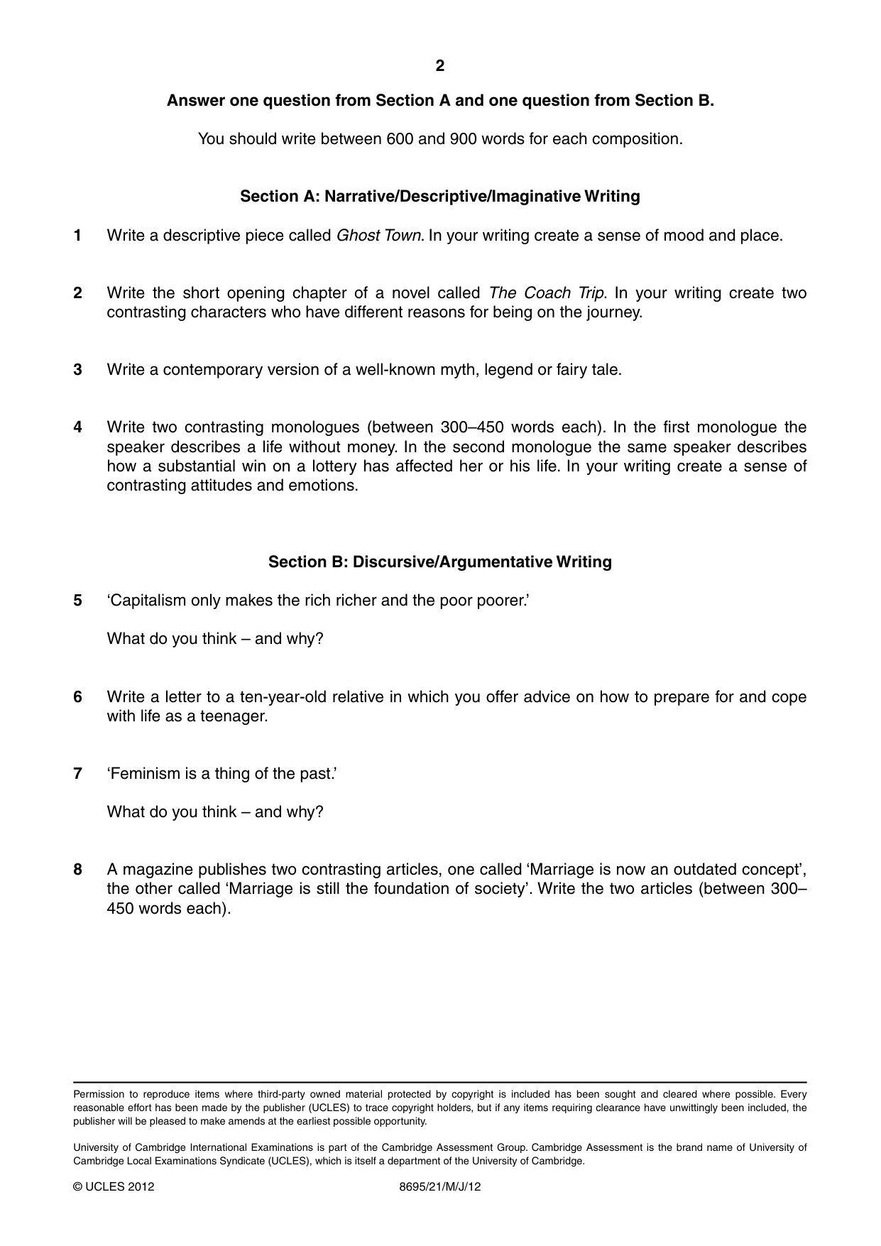 Cambridge A Level English - Language and Literature (AS Level only, from 2016) 8695 2012 May/June Paper 2 · Variant 1 question paper, page 2 of 2