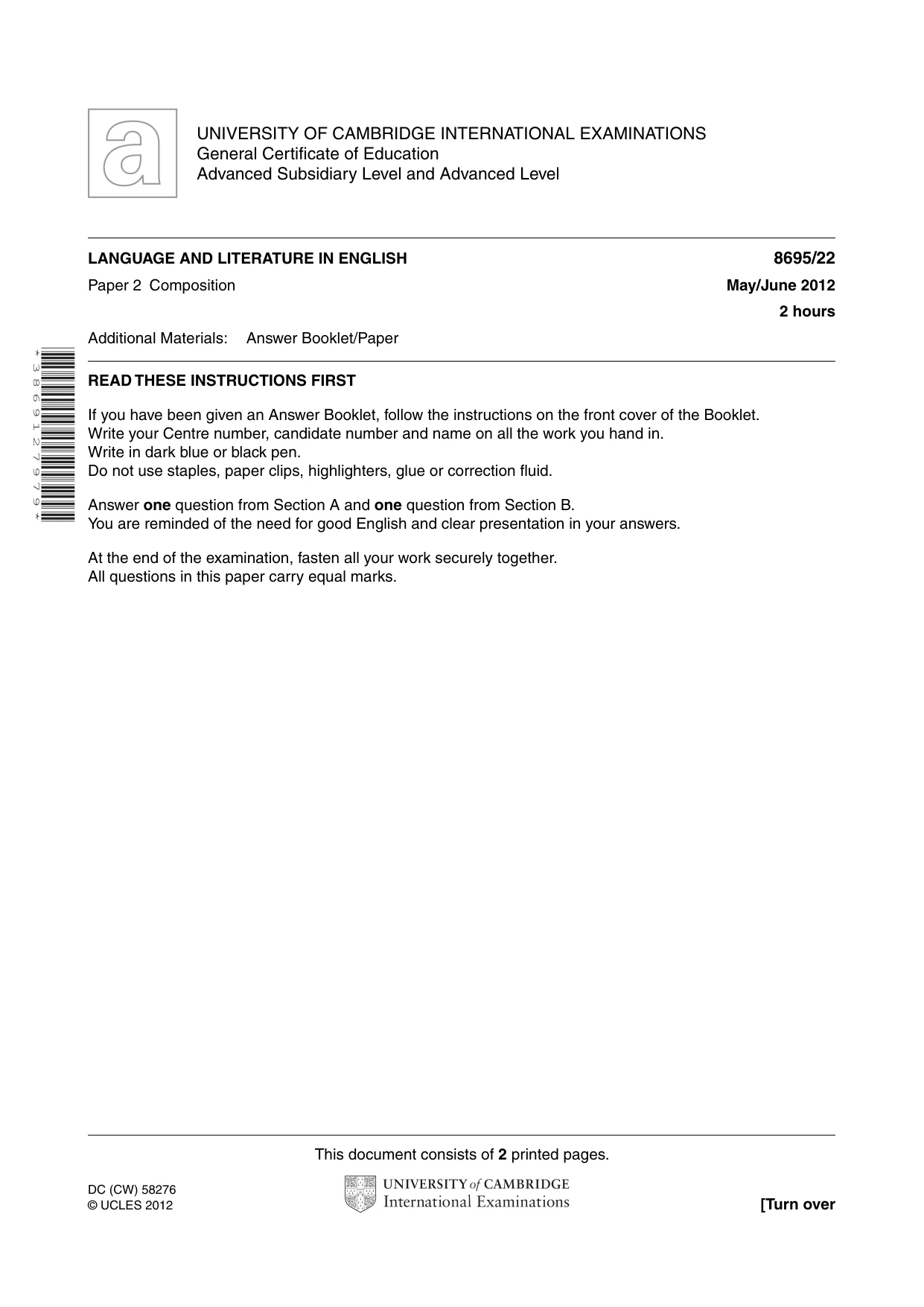 Cambridge A Level English - Language and Literature (AS Level only, from 2016) 8695 2012 May/June Paper 2 · Variant 2 question paper, page 1 of 2