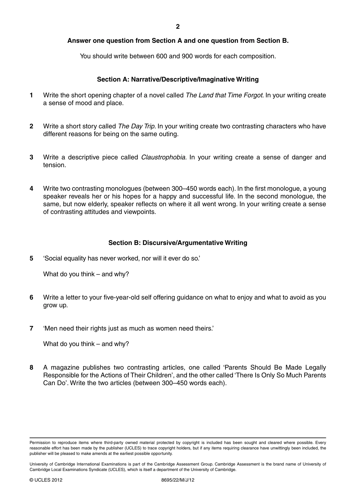 Cambridge A Level English - Language and Literature (AS Level only, from 2016) 8695 2012 May/June Paper 2 · Variant 2 question paper, page 2 of 2