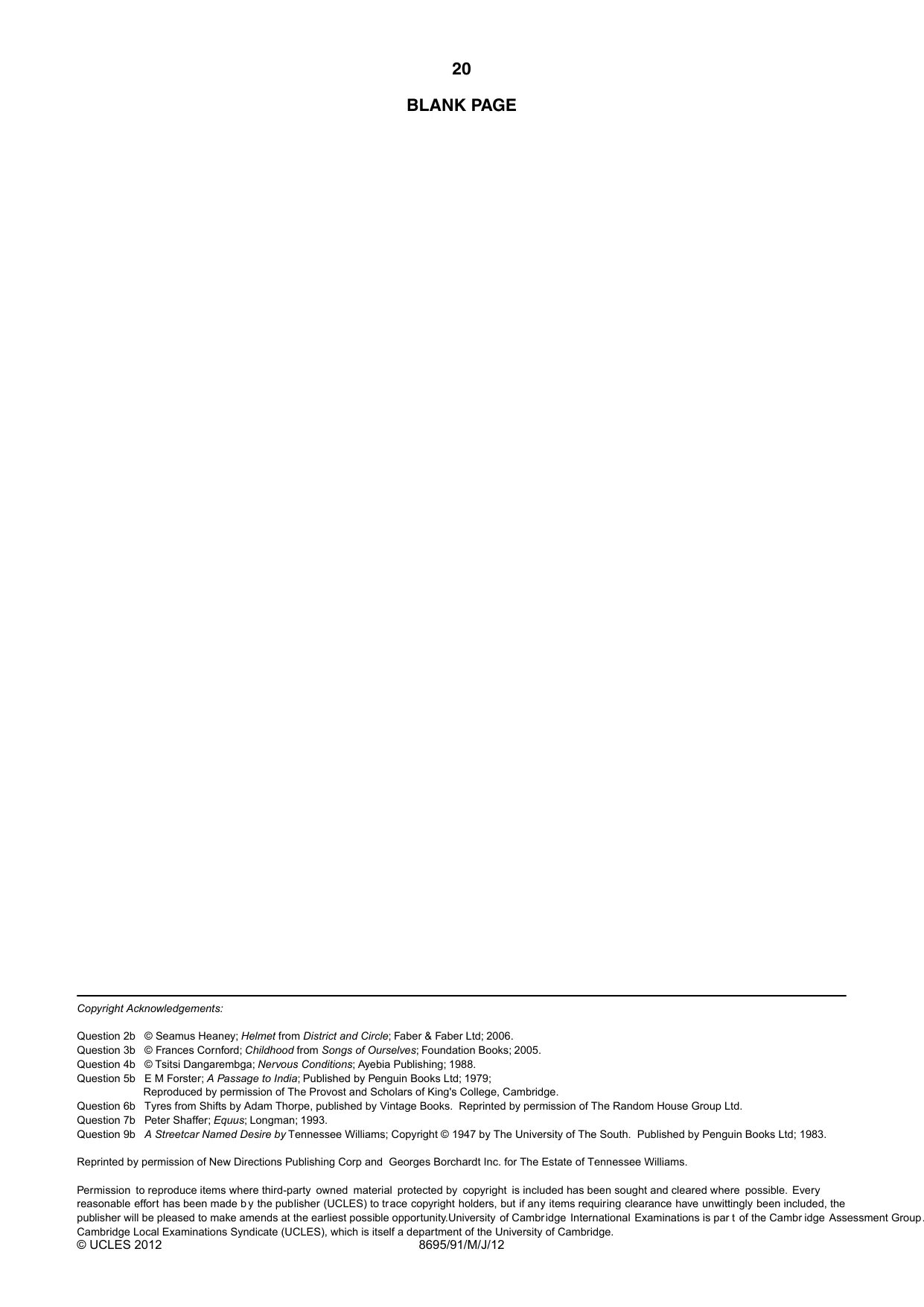 Cambridge A Level English - Language and Literature (AS Level only, from 2016) 8695 2012 May/June Paper 9 · Variant 1 question paper, page 17 of 17