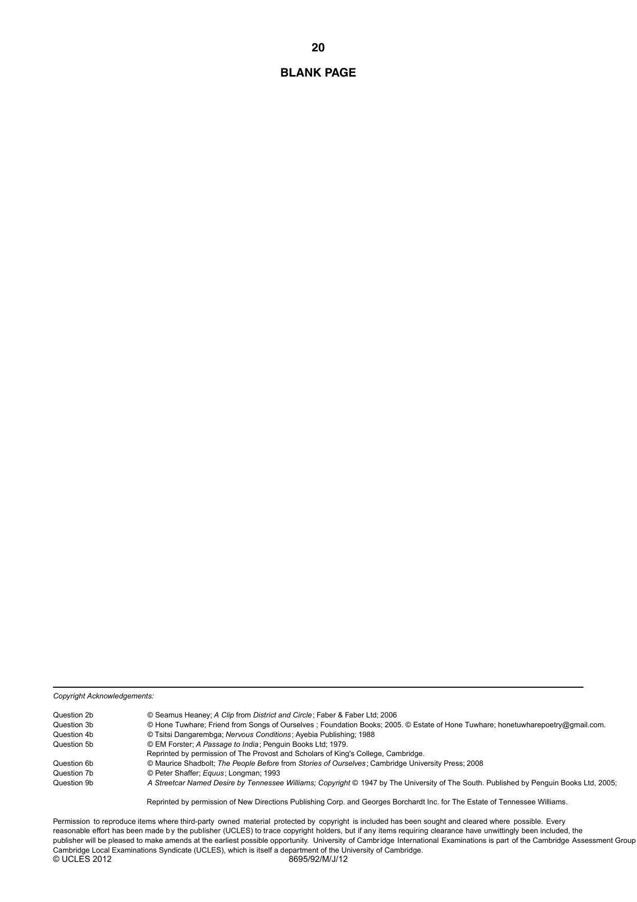 Cambridge A Level English - Language and Literature (AS Level only, from 2016) 8695 2012 May/June Paper 9 · Variant 2 question paper, page 17 of 17