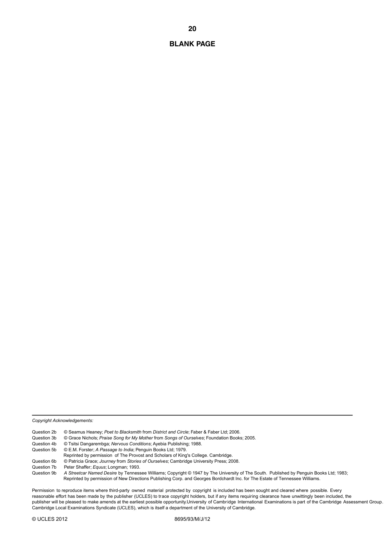 Cambridge A Level English - Language and Literature (AS Level only, from 2016) 8695 2012 May/June Paper 9 · Variant 3 question paper, page 17 of 17