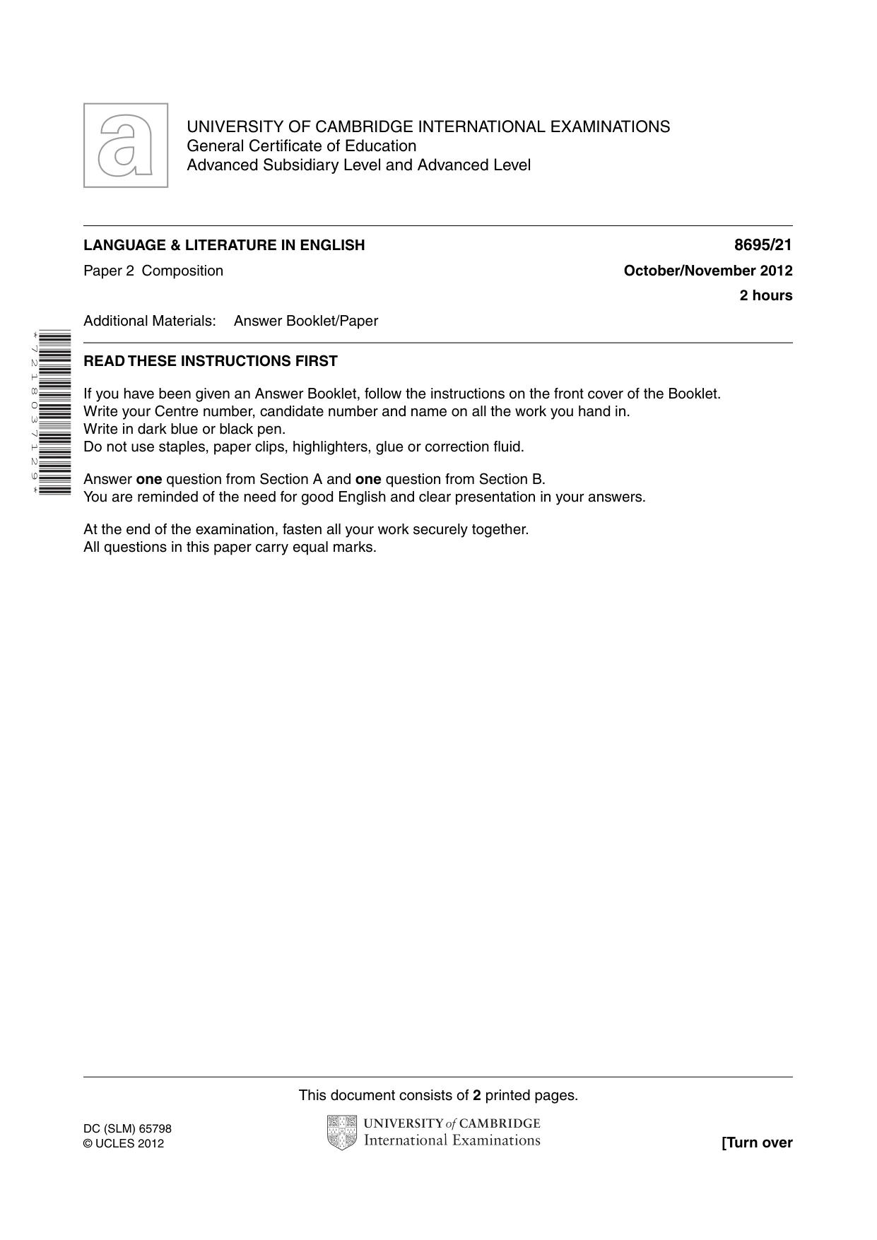 Cambridge A Level English - Language and Literature (AS Level only, from 2016) 8695 2012 Oct/Nov Paper 2 · Variant 1 question paper, page 1 of 2