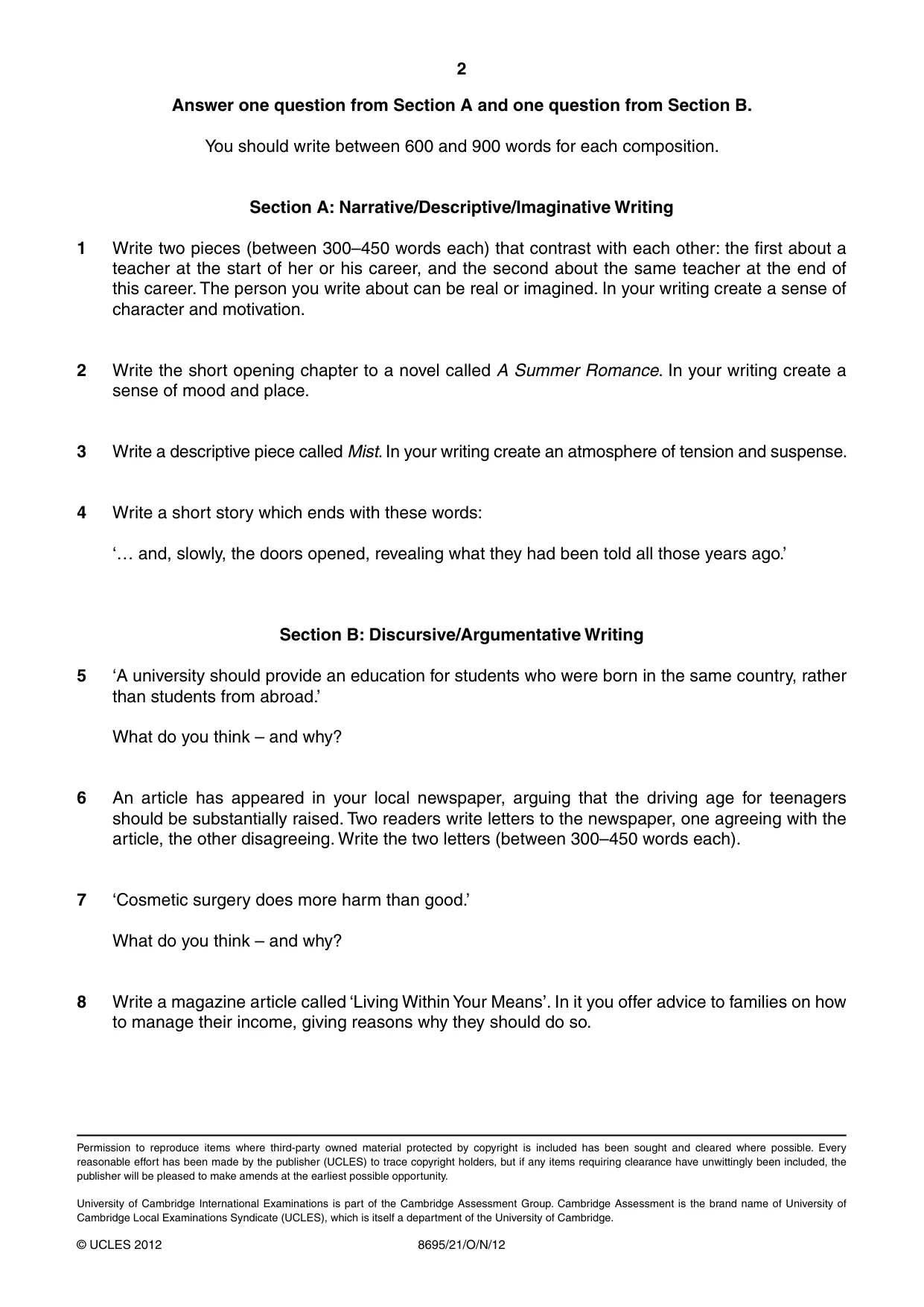 Cambridge A Level English - Language and Literature (AS Level only, from 2016) 8695 2012 Oct/Nov Paper 2 · Variant 1 question paper, page 2 of 2