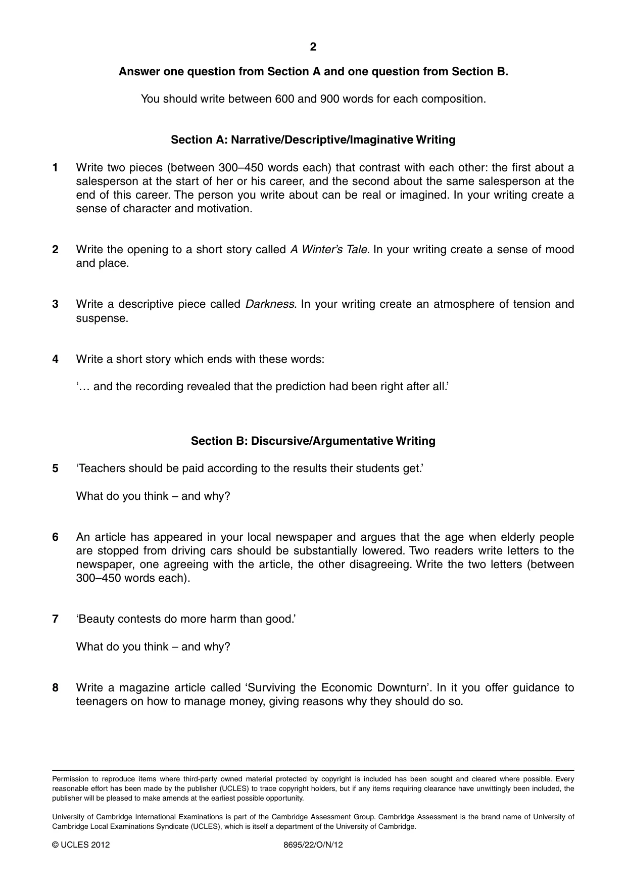 Cambridge A Level English - Language and Literature (AS Level only, from 2016) 8695 2012 Oct/Nov Paper 2 · Variant 2 question paper, page 2 of 2