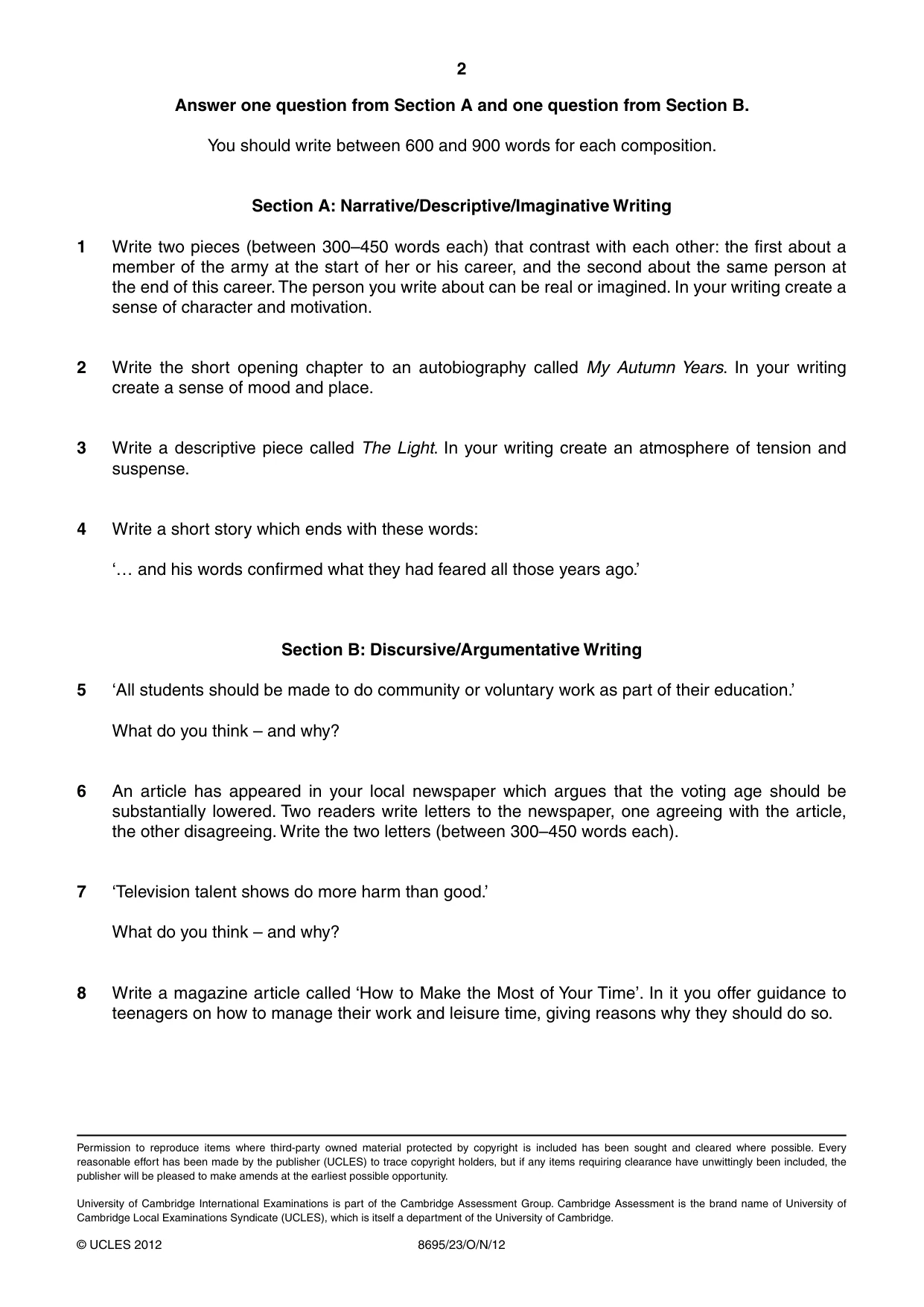Cambridge A Level English - Language and Literature (AS Level only, from 2016) 8695 2012 Oct/Nov Paper 2 · Variant 3 question paper, page 2 of 2