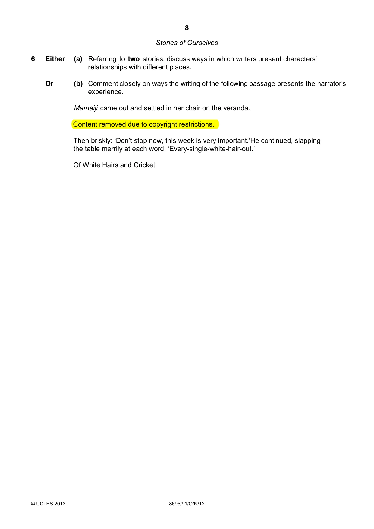 Cambridge A Level English - Language and Literature (AS Level only, from 2016) 8695 2012 Oct/Nov Paper 9 · Variant 1 question paper, page 8 of 14
