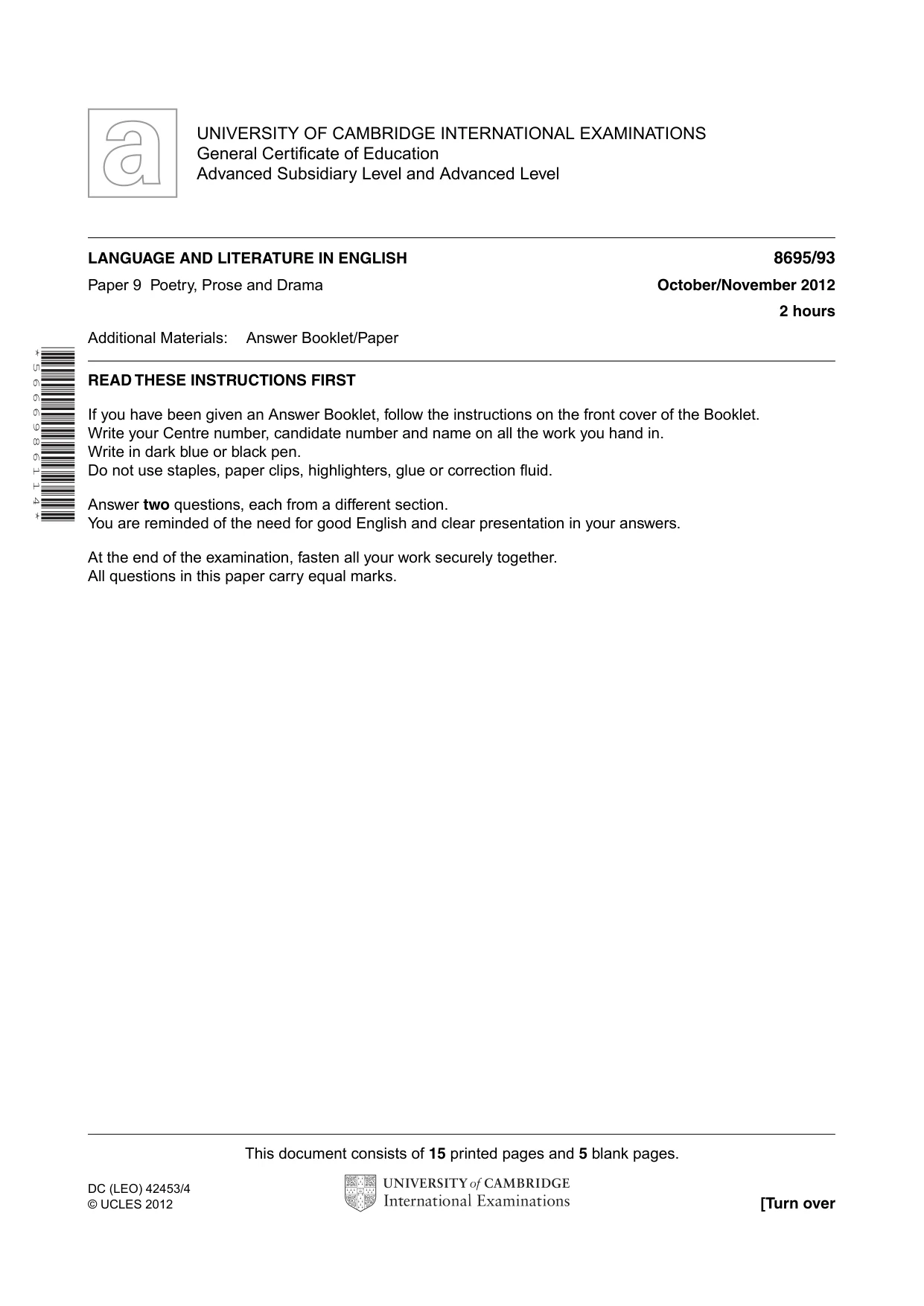 Cambridge A Level English - Language and Literature (AS Level only, from 2016) 8695 2012 Oct/Nov Paper 9 · Variant 3 question paper, page 1 of 17