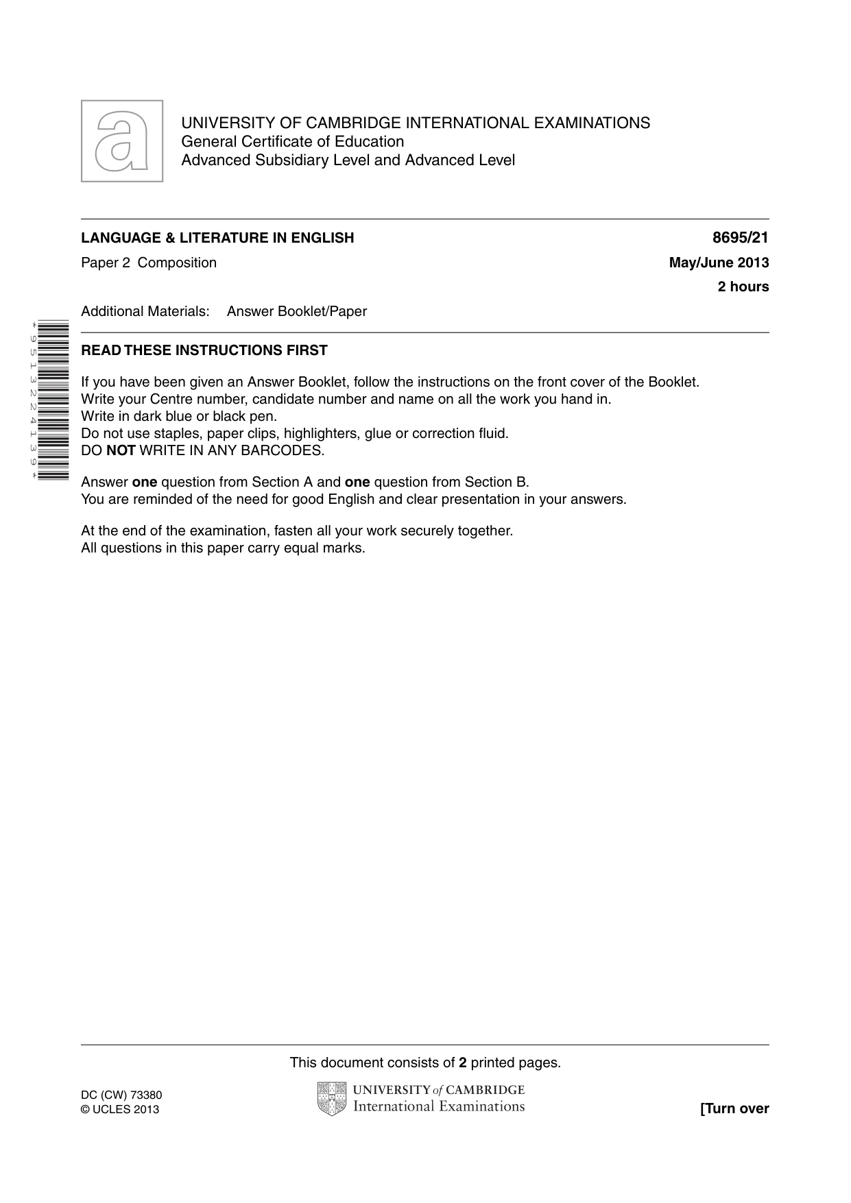 Cambridge A Level English - Language and Literature (AS Level only, from 2016) 8695 2013 May/June Paper 2 · Variant 1 question paper, page 1 of 2
