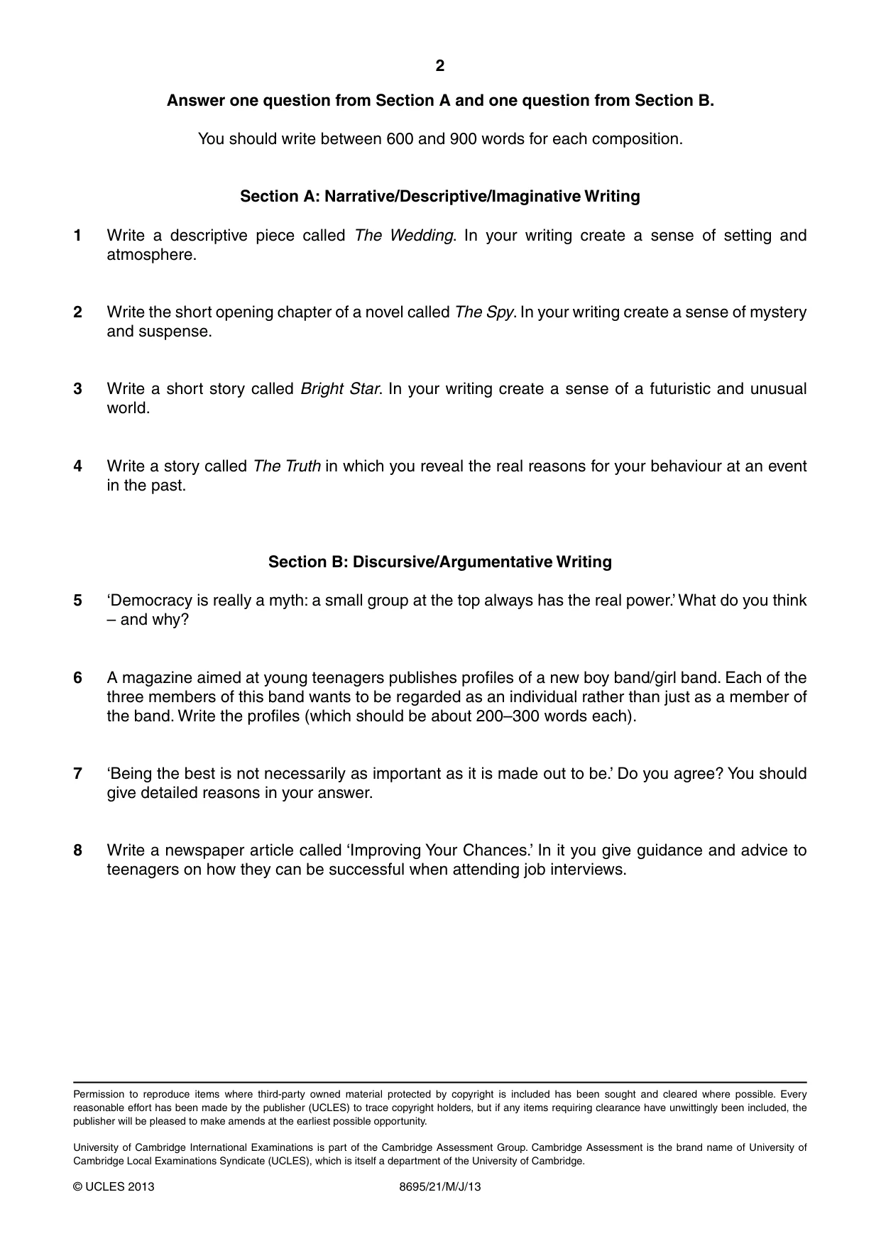 Cambridge A Level English - Language and Literature (AS Level only, from 2016) 8695 2013 May/June Paper 2 · Variant 1 question paper, page 2 of 2
