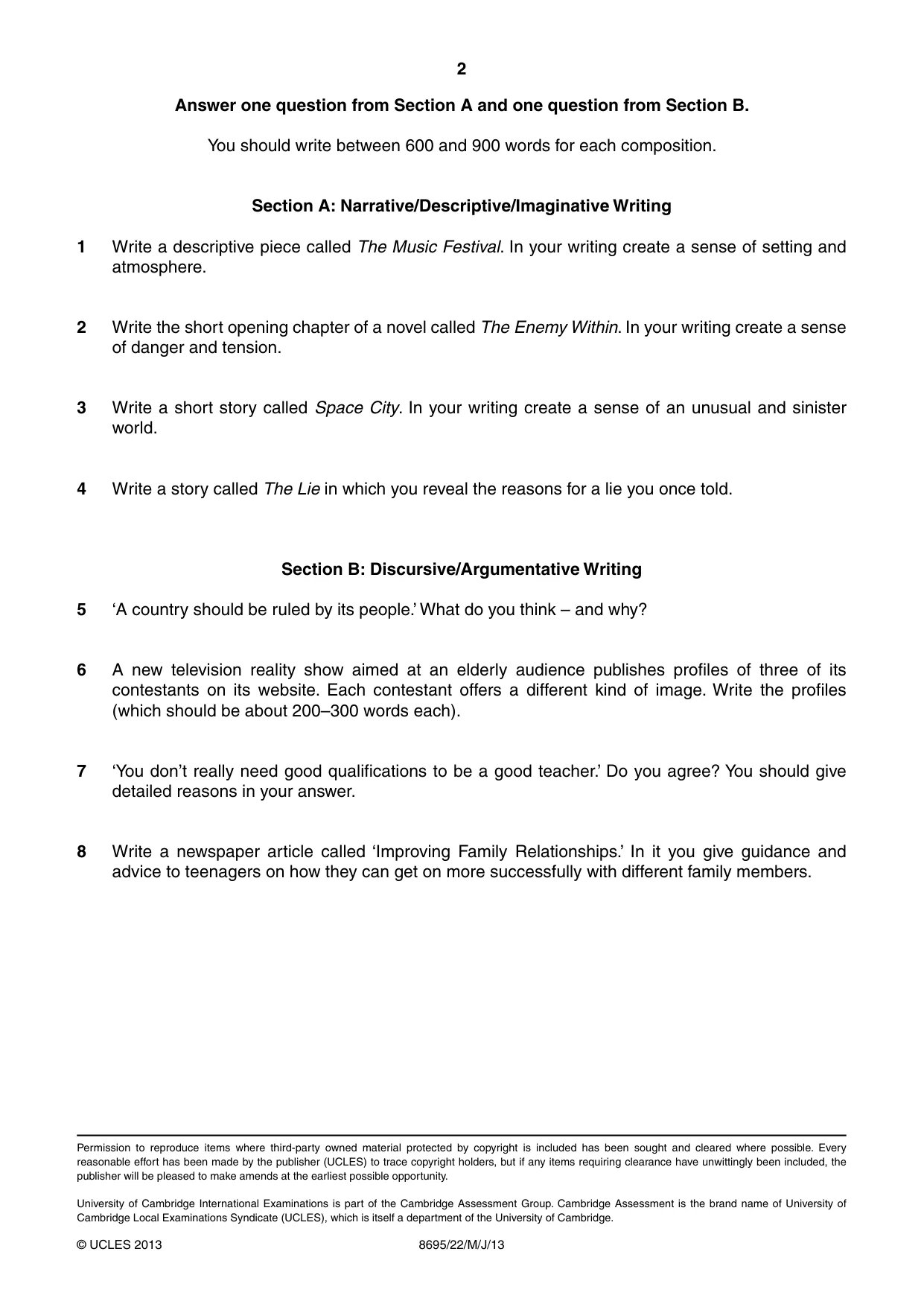 Cambridge A Level English - Language and Literature (AS Level only, from 2016) 8695 2013 May/June Paper 2 · Variant 2 question paper, page 2 of 2