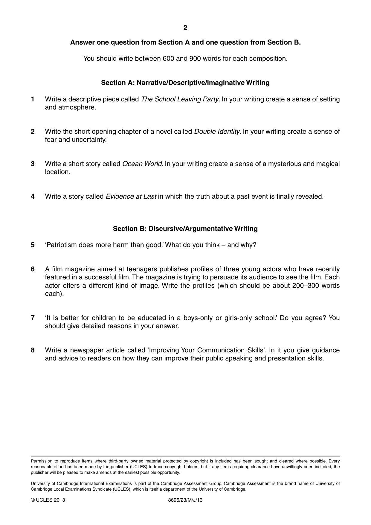 Cambridge A Level English - Language and Literature (AS Level only, from 2016) 8695 2013 May/June Paper 2 · Variant 3 question paper, page 2 of 2