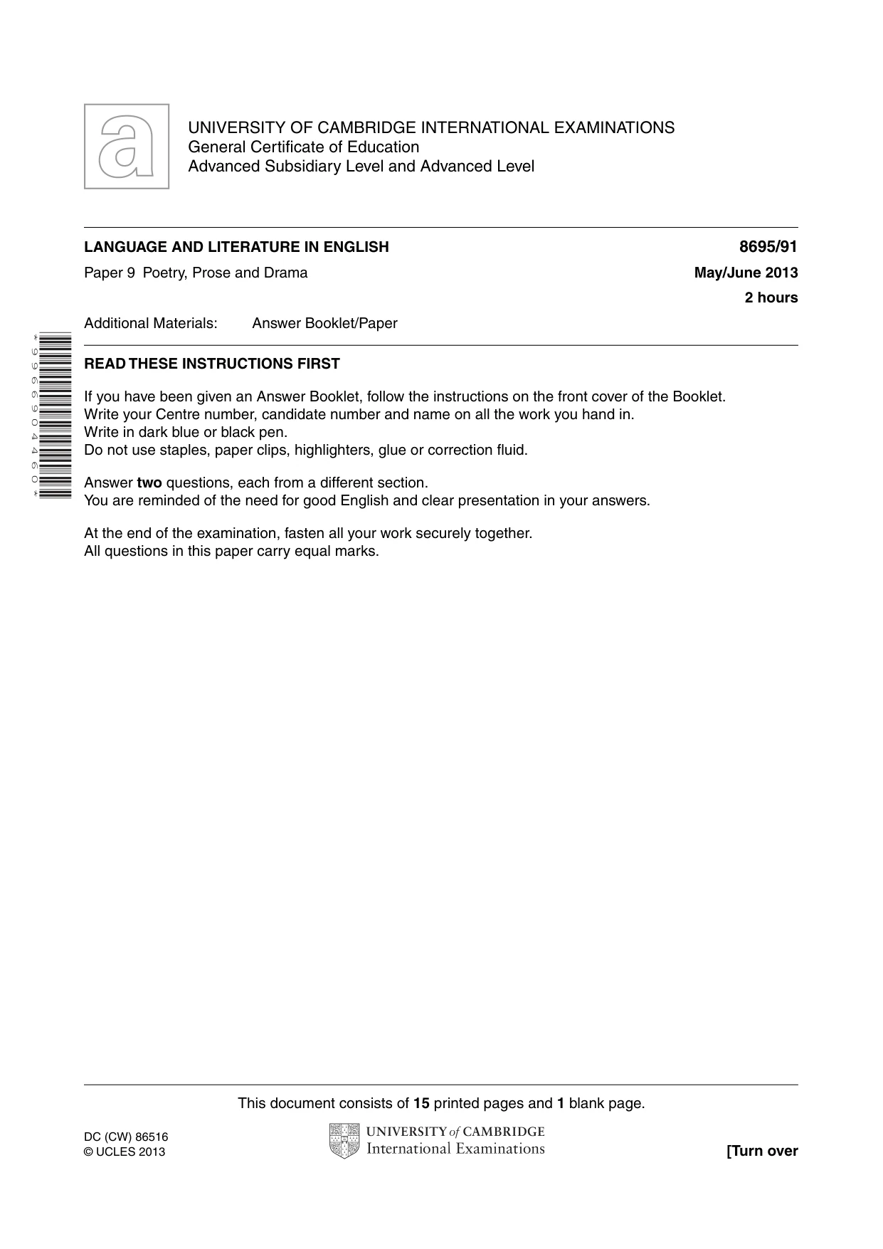 Cambridge A Level English - Language and Literature (AS Level only, from 2016) 8695 2013 May/June Paper 9 · Variant 1 question paper, page 1 of 16