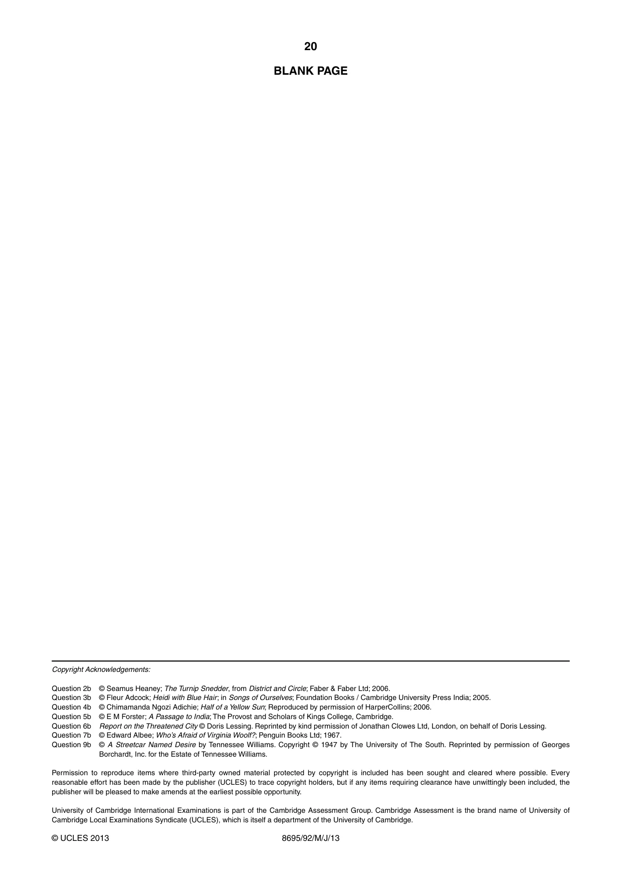 Cambridge A Level English - Language and Literature (AS Level only, from 2016) 8695 2013 May/June Paper 9 · Variant 2 question paper, page 20 of 20