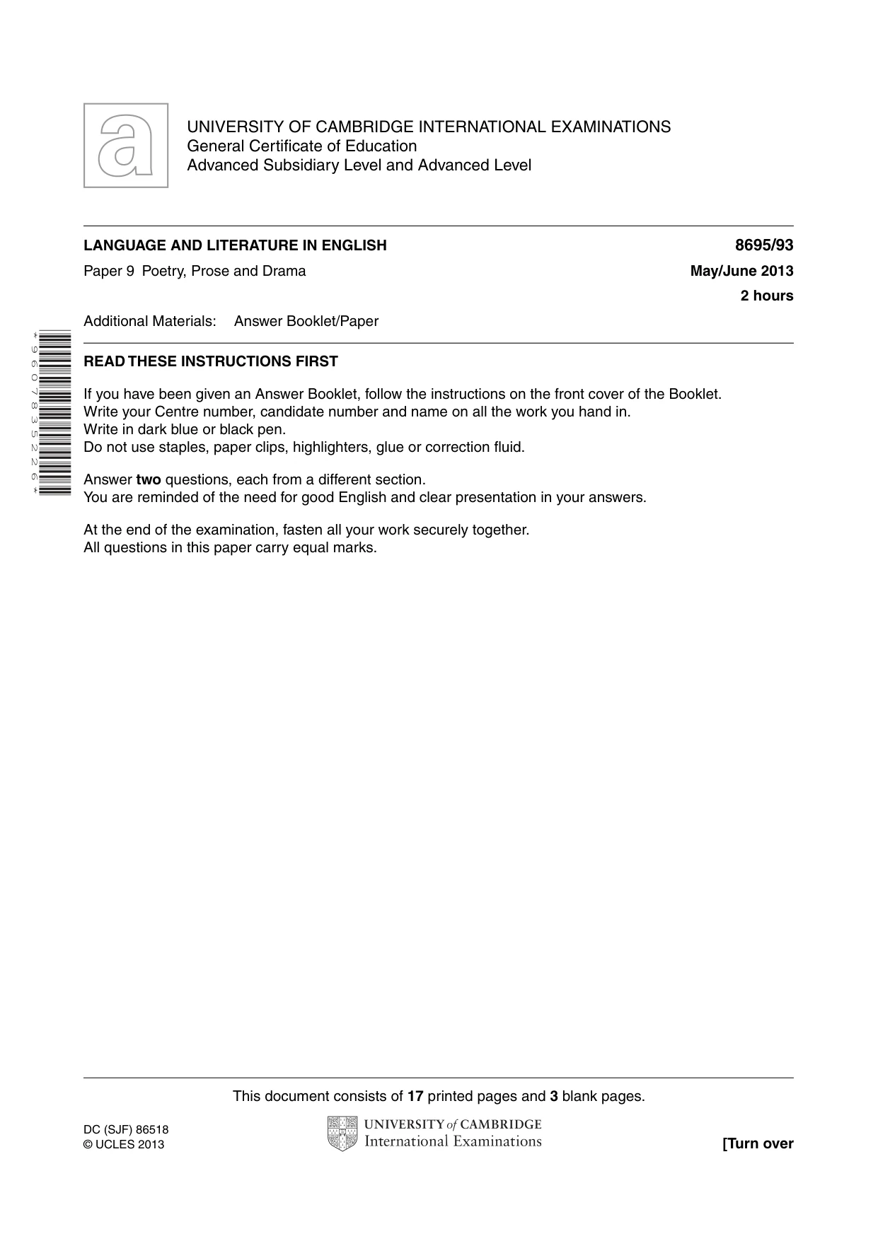 Cambridge A Level English - Language and Literature (AS Level only, from 2016) 8695 2013 May/June Paper 9 · Variant 3 question paper, page 1 of 20