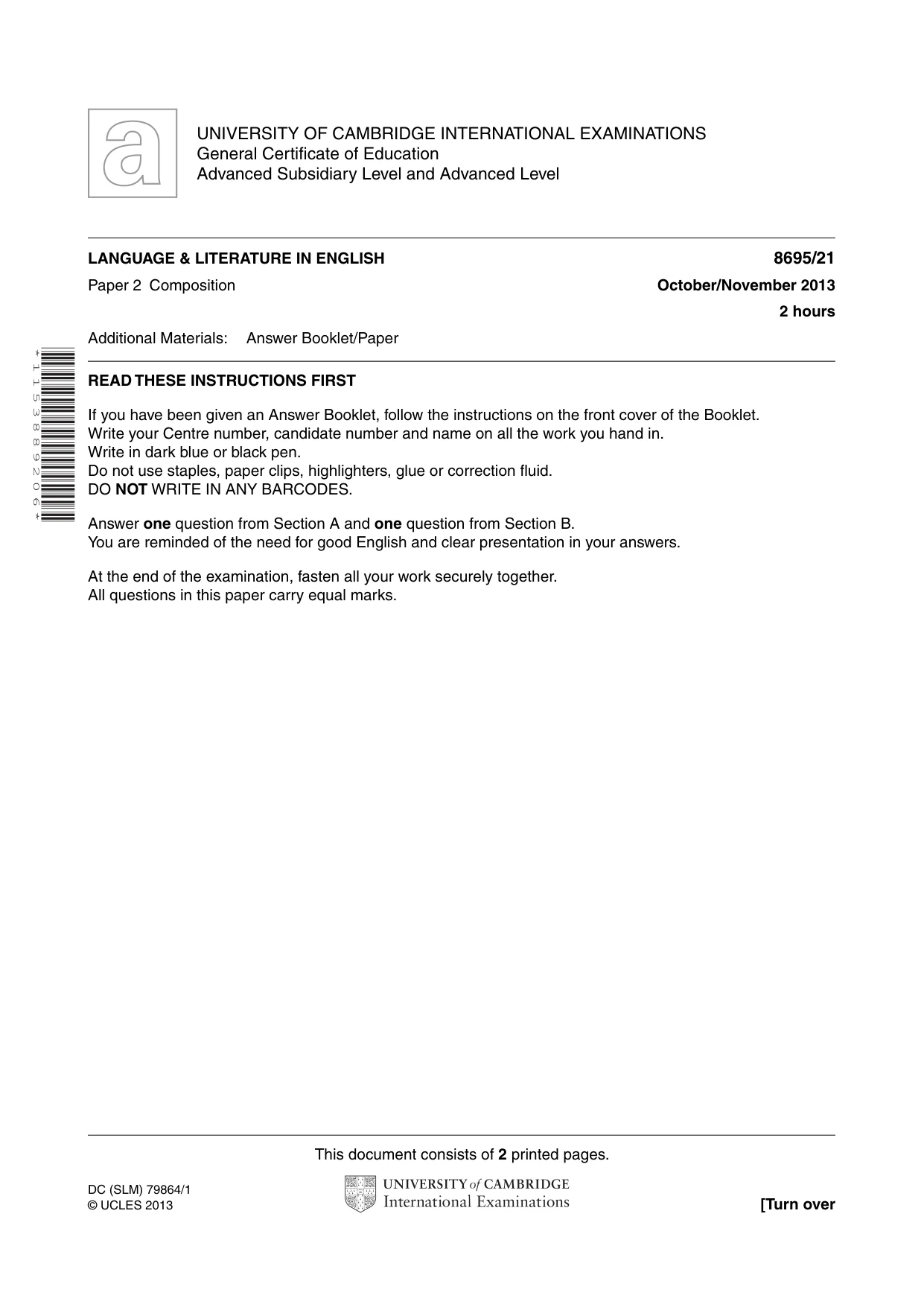 Cambridge A Level English - Language and Literature (AS Level only, from 2016) 8695 2013 Oct/Nov Paper 2 · Variant 1 question paper, page 1 of 2