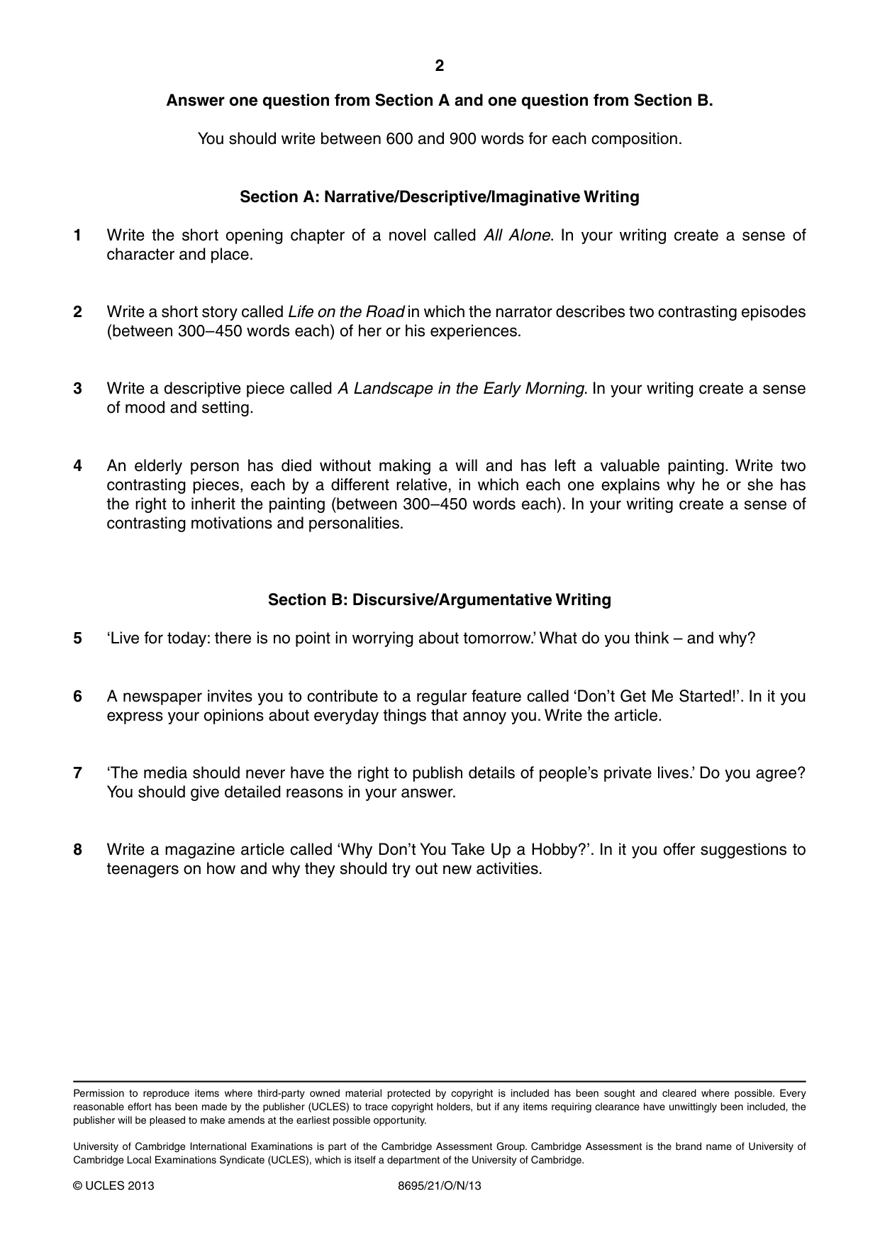 Cambridge A Level English - Language and Literature (AS Level only, from 2016) 8695 2013 Oct/Nov Paper 2 · Variant 1 question paper, page 2 of 2