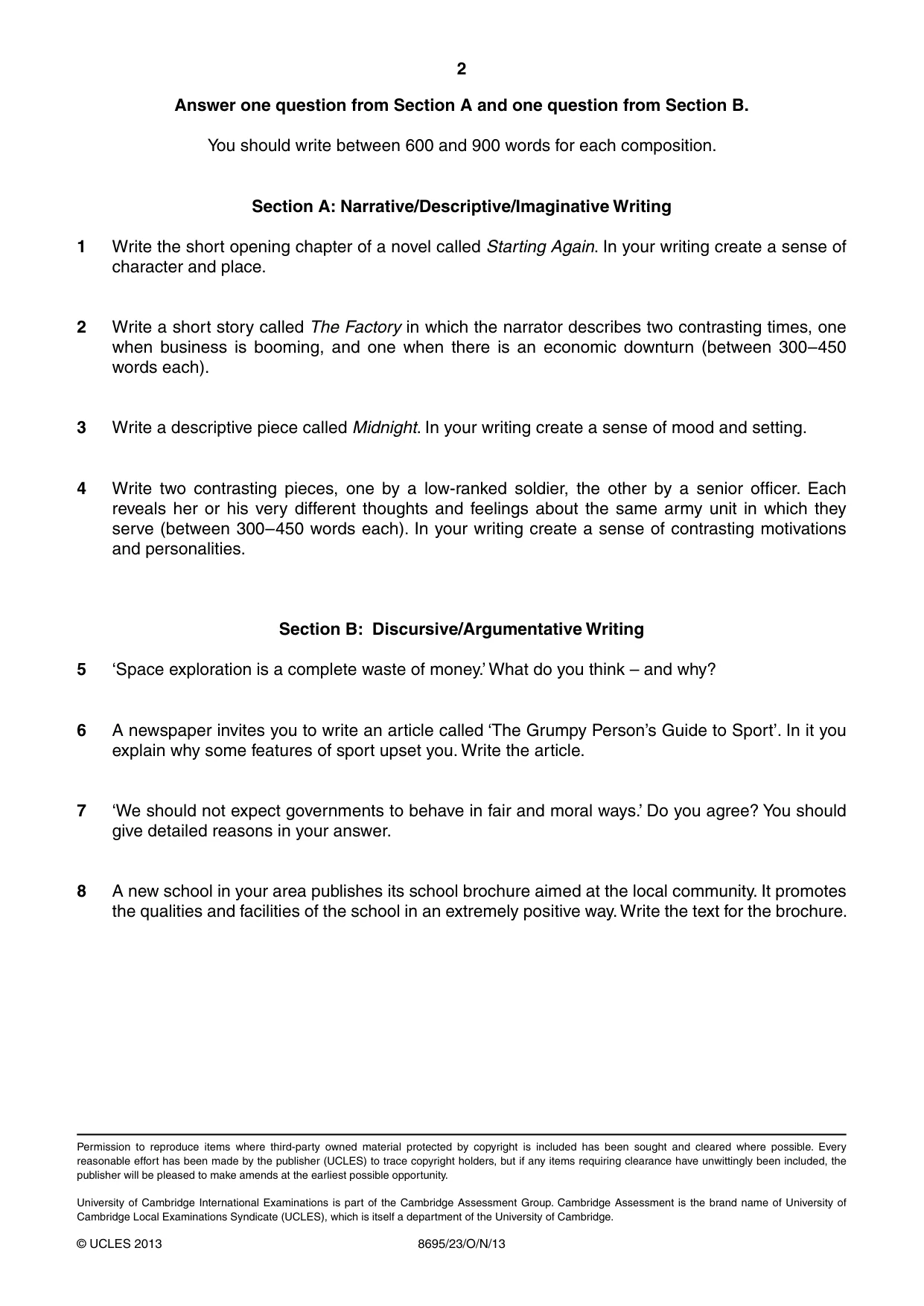 Cambridge A Level English - Language and Literature (AS Level only, from 2016) 8695 2013 Oct/Nov Paper 2 · Variant 3 question paper, page 2 of 2