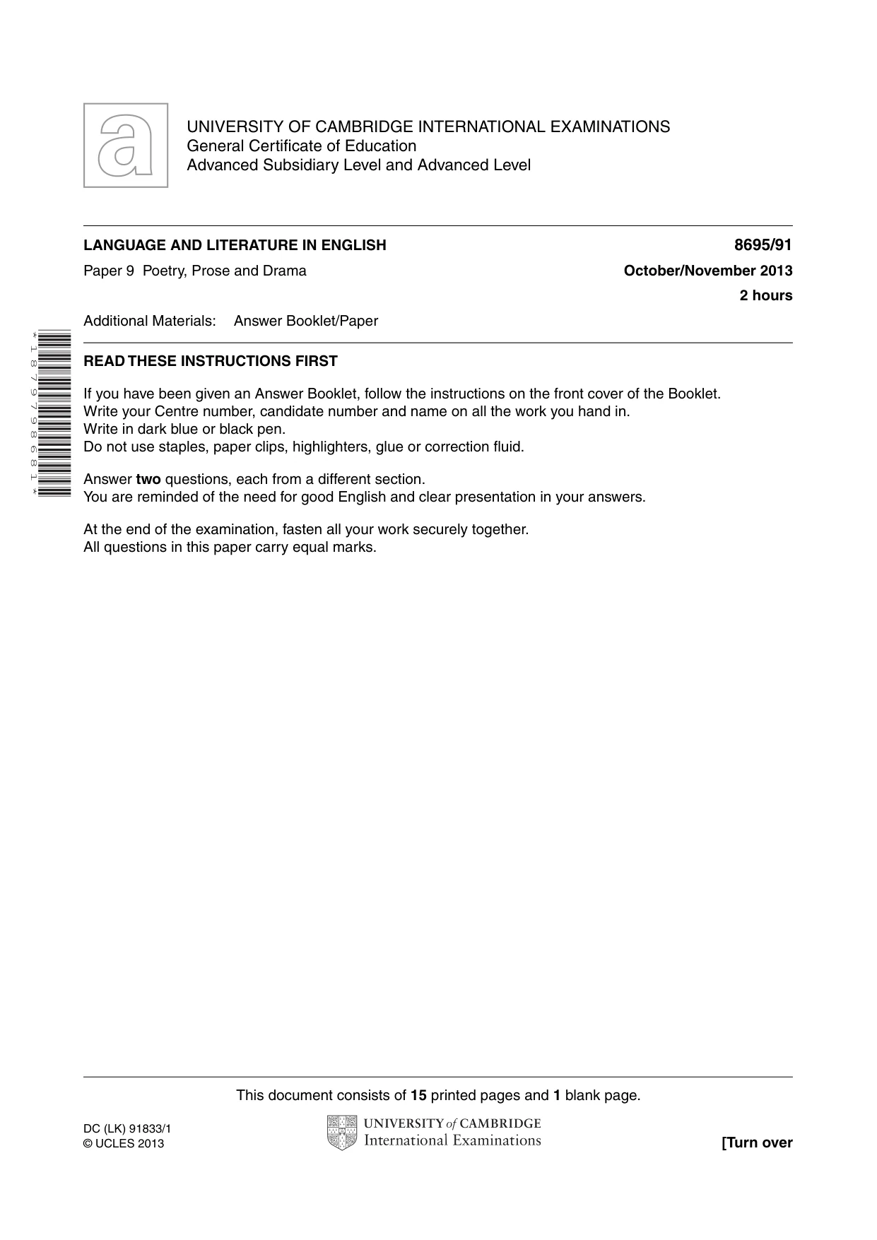 Cambridge A Level English - Language and Literature (AS Level only, from 2016) 8695 2013 Oct/Nov Paper 9 · Variant 1 question paper, page 1 of 16