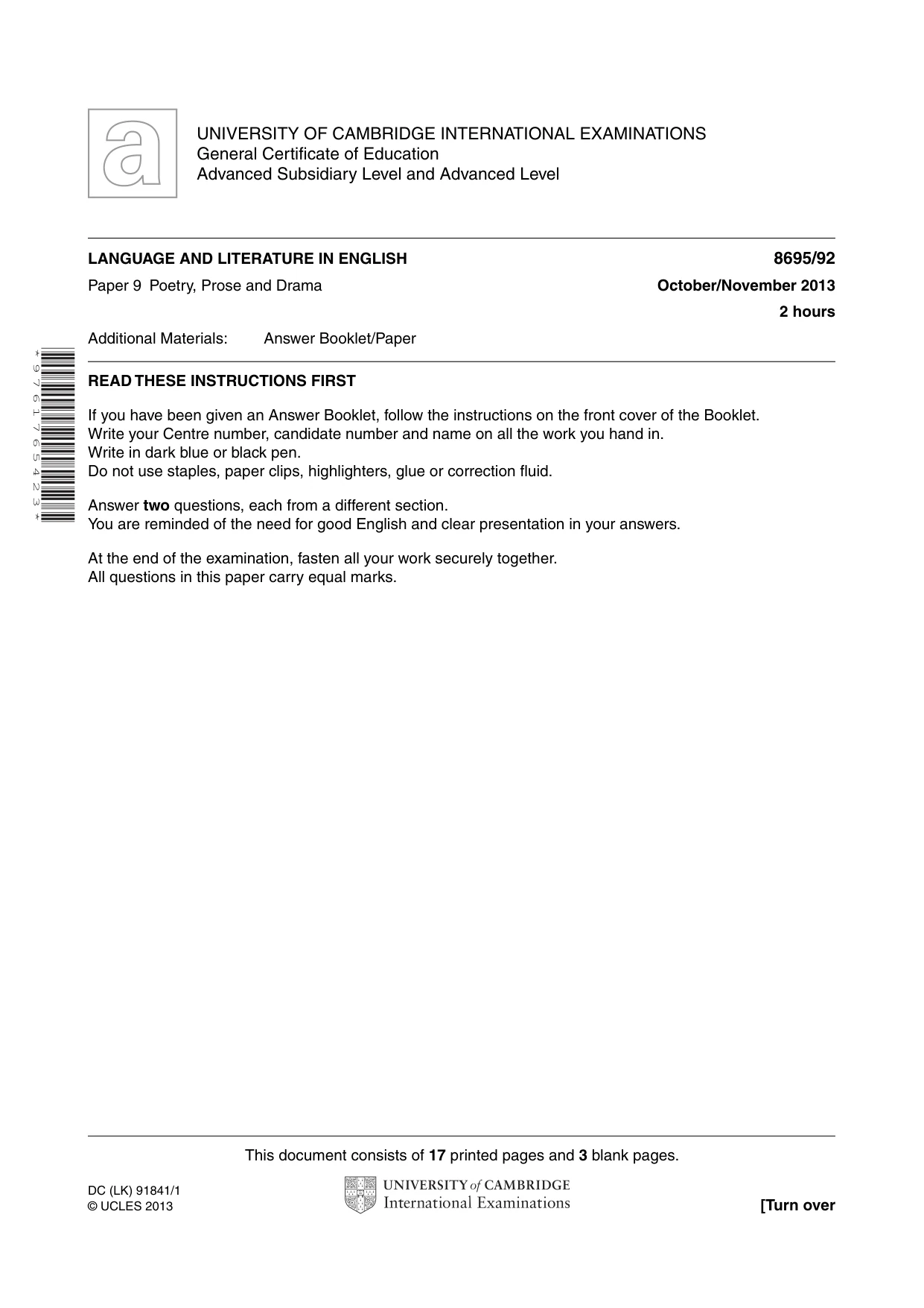 Cambridge A Level English - Language and Literature (AS Level only, from 2016) 8695 2013 Oct/Nov Paper 9 · Variant 2 question paper, page 1 of 20