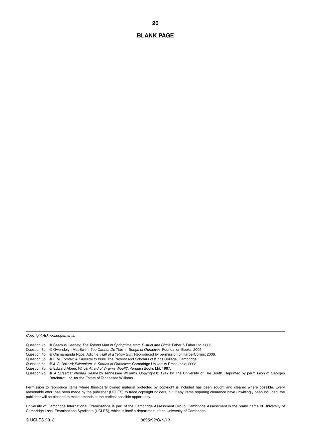 Cambridge A Level English - Language and Literature (AS Level only, from 2016) 8695 2013 Oct/Nov Paper 9 · Variant 2 question paper, page 20 of 20