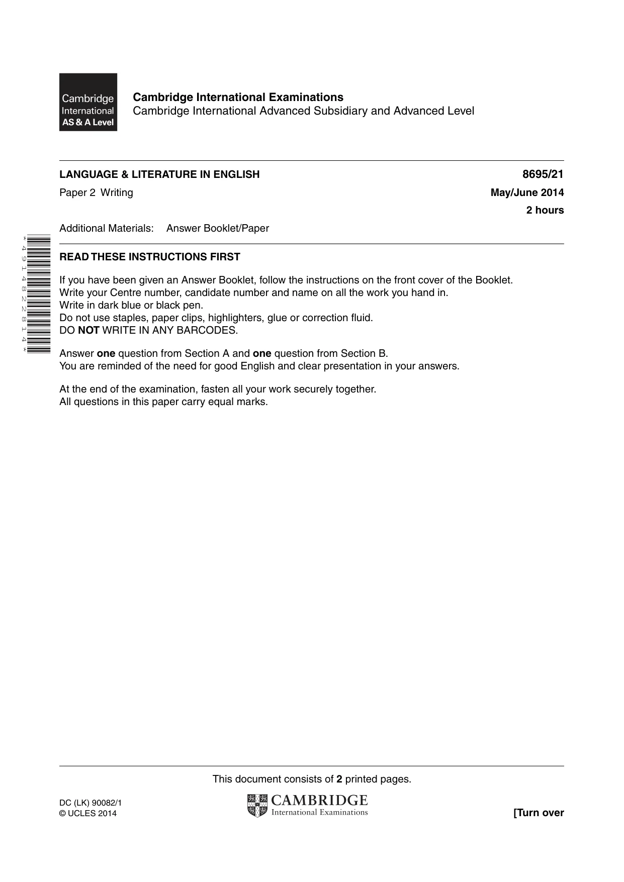 Cambridge A Level English - Language and Literature (AS Level only, from 2016) 8695 2014 May/June Paper 2 · Variant 1 question paper, page 1 of 2