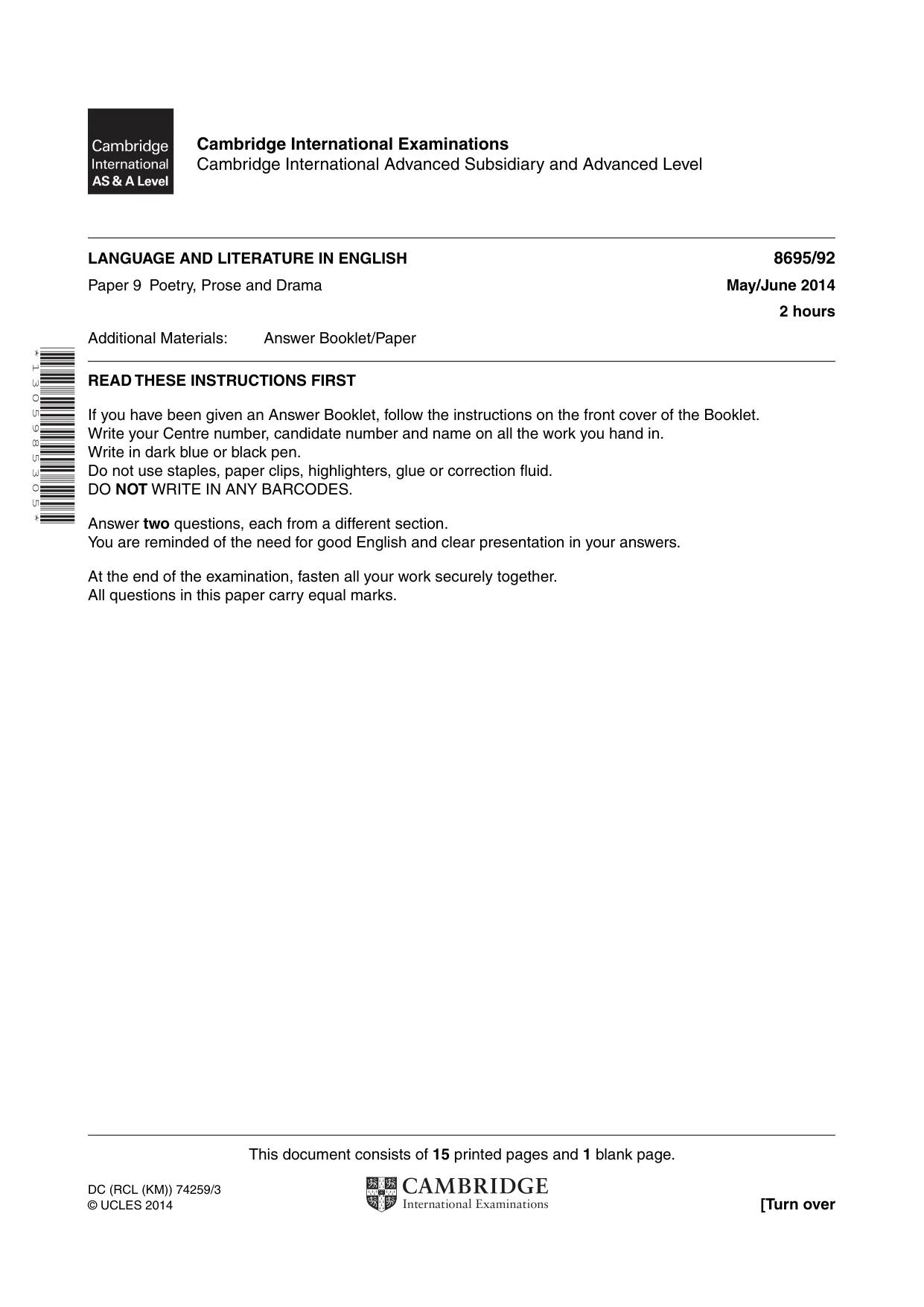 Cambridge A Level English - Language and Literature (AS Level only, from 2016) 8695 2014 May/June Paper 9 · Variant 2 question paper, page 1 of 16