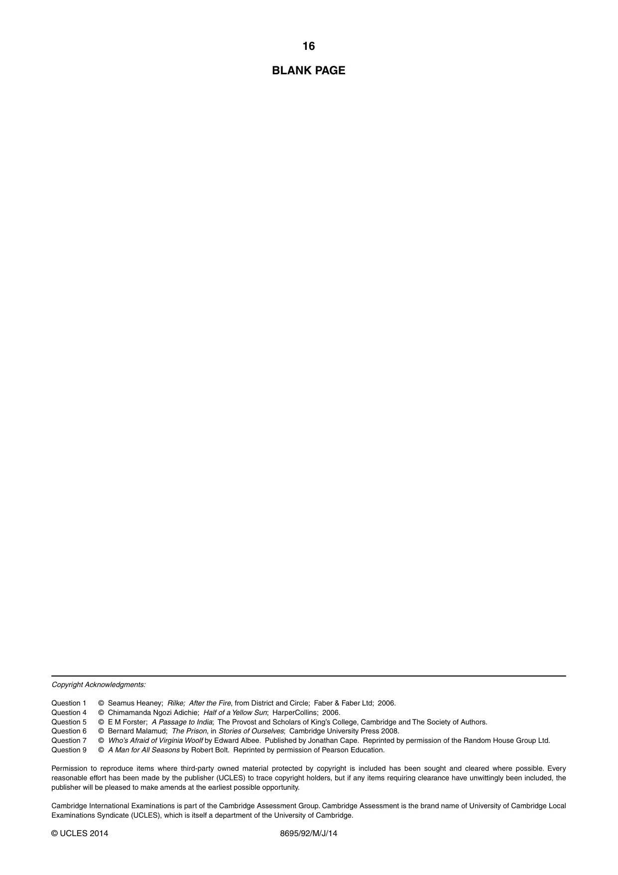 Cambridge A Level English - Language and Literature (AS Level only, from 2016) 8695 2014 May/June Paper 9 · Variant 2 question paper, page 16 of 16