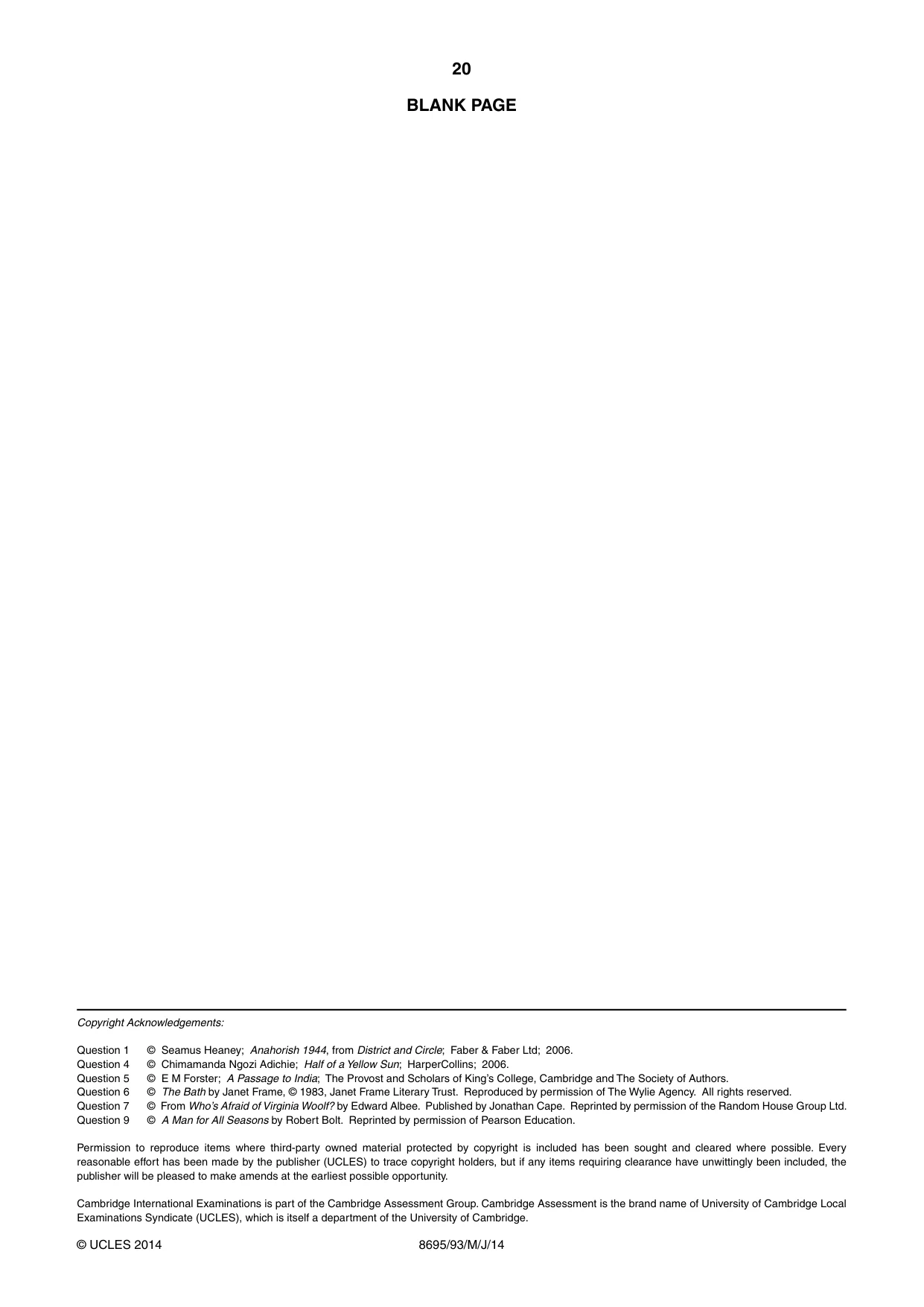 Cambridge A Level English - Language and Literature (AS Level only, from 2016) 8695 2014 May/June Paper 9 · Variant 3 question paper, page 20 of 20