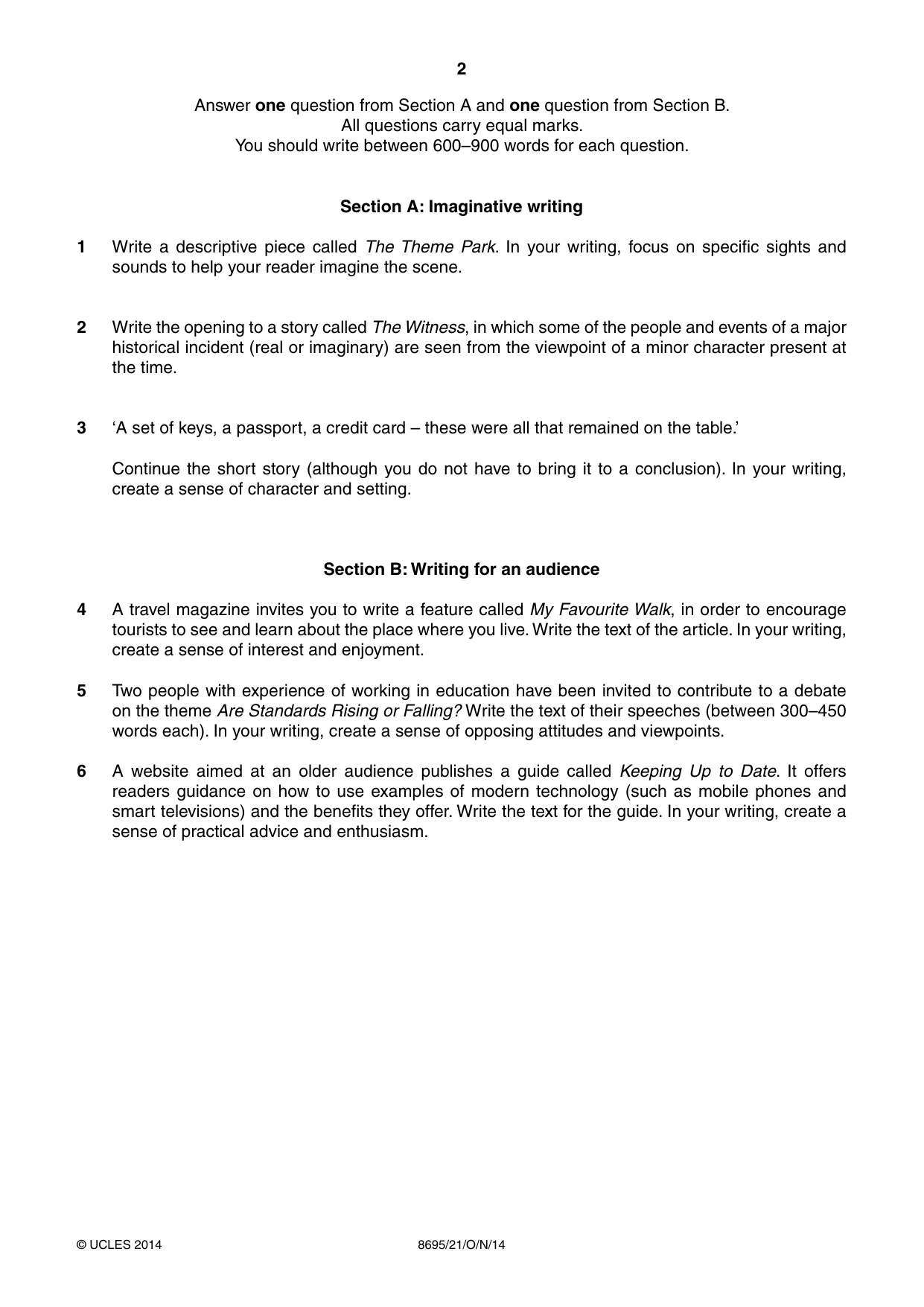 Cambridge A Level English - Language and Literature (AS Level only, from 2016) 8695 2014 Oct/Nov Paper 2 · Variant 1 question paper, page 2 of 4