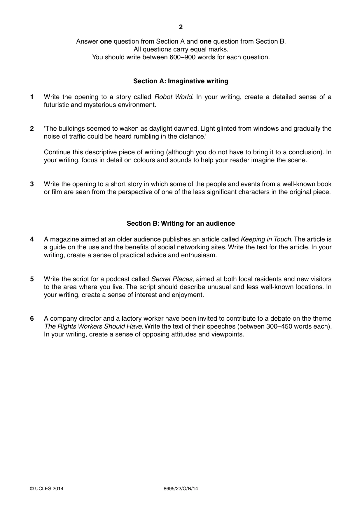 Cambridge A Level English - Language and Literature (AS Level only, from 2016) 8695 2014 Oct/Nov Paper 2 · Variant 2 question paper, page 2 of 4